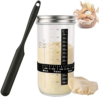 Sourdough Starter Jar Kit, 34oz Wide Mouth Sourdough Starter Jar - Date Marked Feeding Band, Thermometer, Spatula, Cloth Cover & Lid, Bread Baking Supplies for Beginners