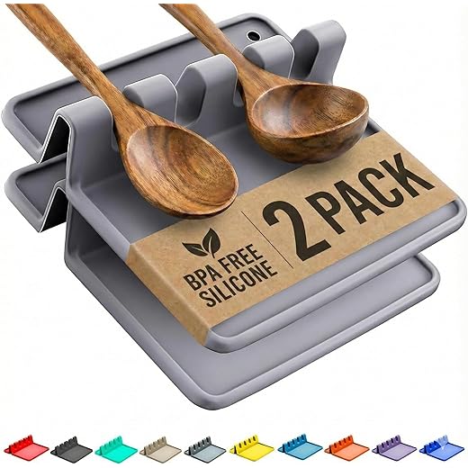 Silicone Spoon Rest for Stove Top with Drip Pad (Two Pack) - Heat Resistant, BPA Free Utensil Rest & Spoon Holder for Kitchen Counter - Grill Utensil Holder for Spatulas, Tongs, Ladles - Grey