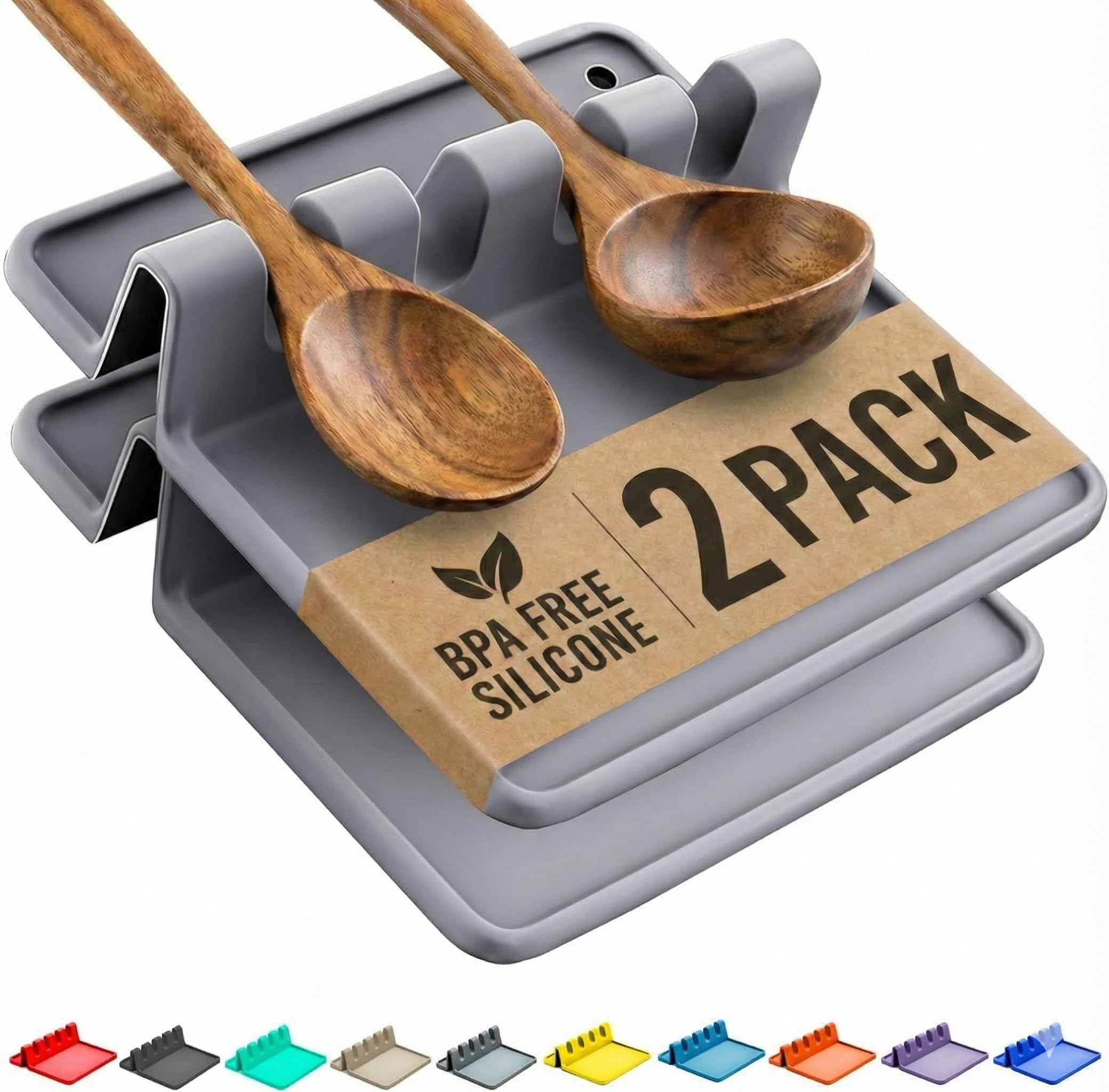 Cooler Kitchen Gray Silicone Spoon Rest for Stove Top with Drip Pad (2 Pack) - Heat Resistant BPA Free Utensil Rest & Kitchen Spoon Holder for Kitchen Counter - Grill Countertop - Spatula Holder