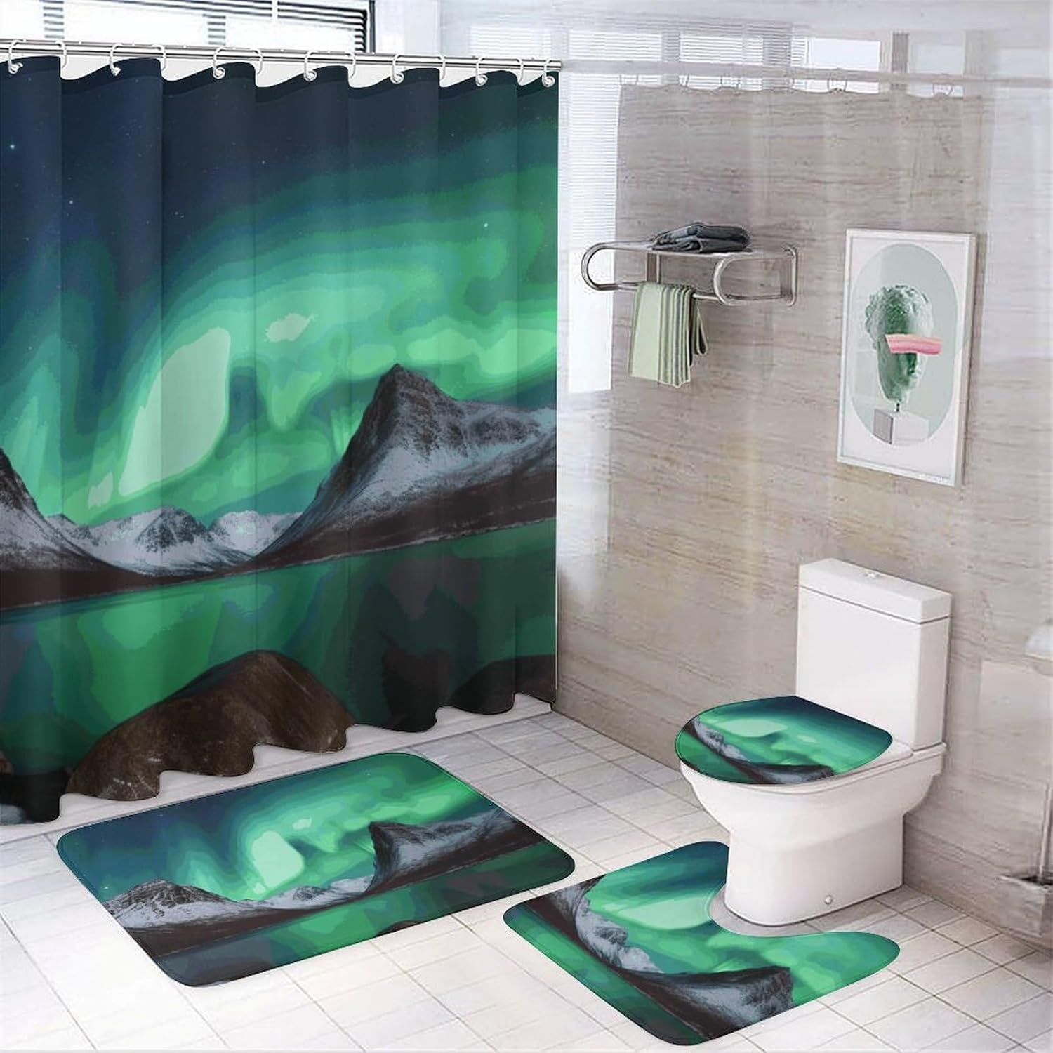Aurora Borealis Shower Curtain Set 4 Piece, Non-Slip Bath Mat with Toilet Lid Cover and Waterproof Shower Curtain with 12 Hooks, Complete Bathroom Set for Home Decor
