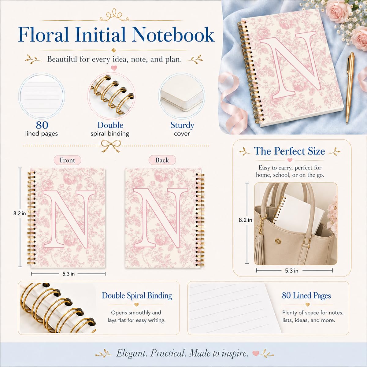 Taccuino con iniziale rosa ricamato N, diario per insegnanti, quaderno estetico, monogramma personalizzato regalo di cancelleria per donne, materiale scolastico preppy per ragazze, 14 x 20