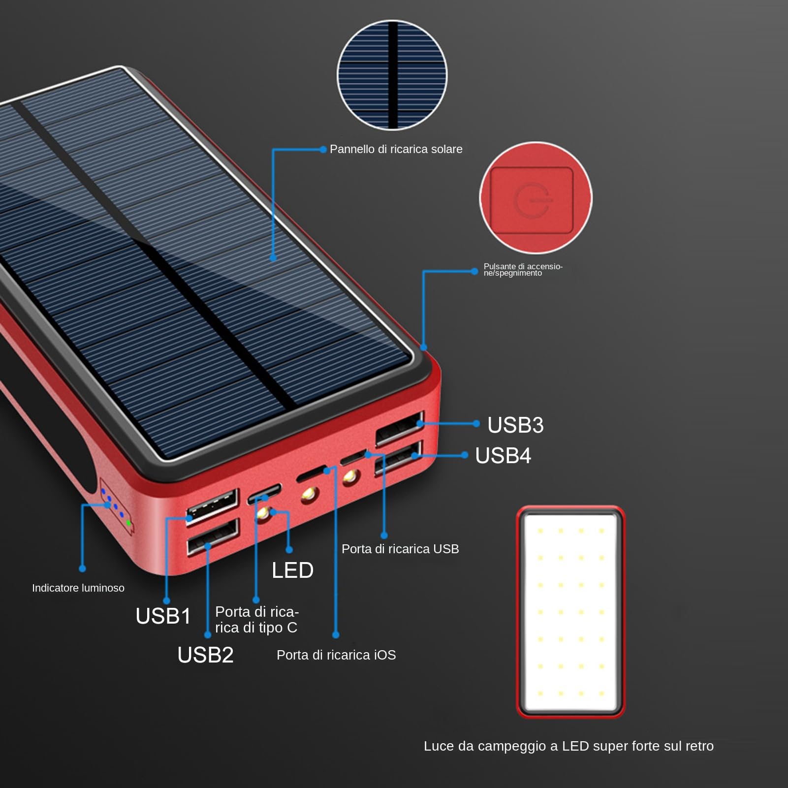 Caricabatterie Solare Cellulare Batteria Da 20000mAh Per Dispositivi | Power Bank Solare Portatile per Telefono Batteria Portatile per Campeggio Pendolarismo Picnic Escurs