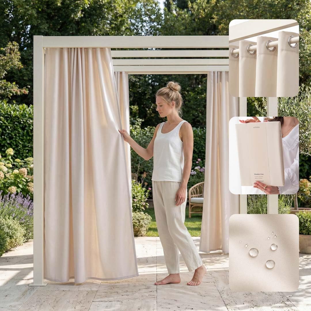 ROOM99 Outdoor Curtain with Eyelets Garden Line 155 x 270 cm Width x Height Outdoor Curtain Weatherproof Waterproof Privacy Screen Sun Protection Curtains Garden Windproof Light Cream