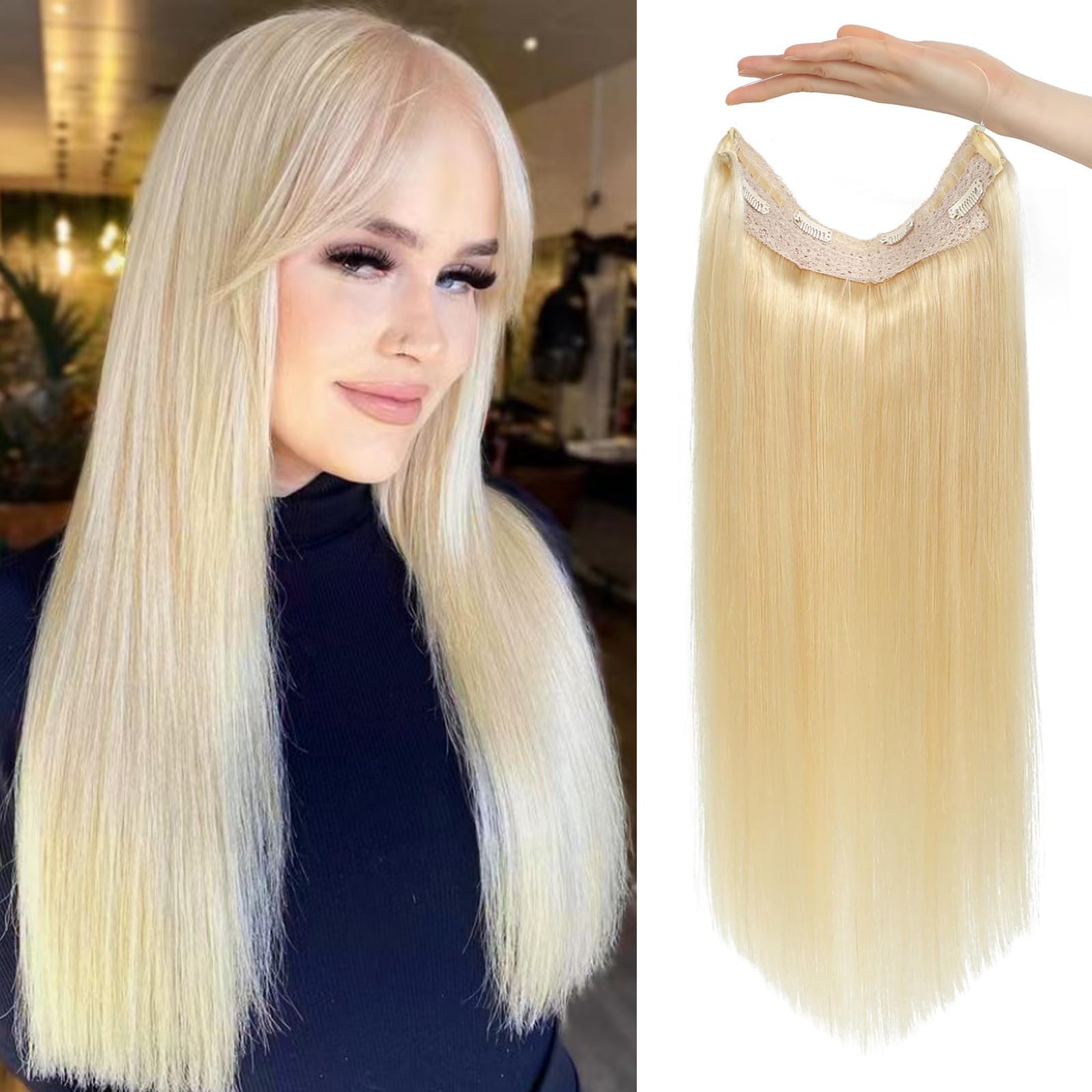 Blonde Invisible Wire Hair Extensions Real Human Hair,Platinum Blonde Halo Real Human Hair Hairpiece Adjustable Layered Transparent Fish Line Secret