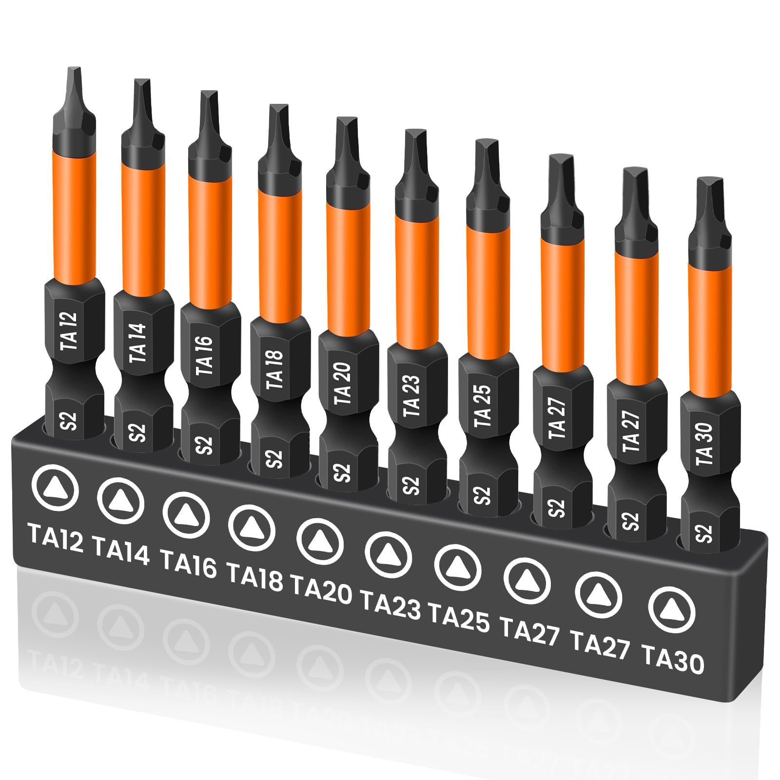 Saipor 10 Pieces Triangle Screwdriver Set, 2 inch /50 mm Long Magnetic Triangle Screwdriver Bits Set, 1/4 Inch Hex Shank Triangle Bit Set, S2 Steel Triangle Head Drill Bit for Impact Driver, TA12-TA30