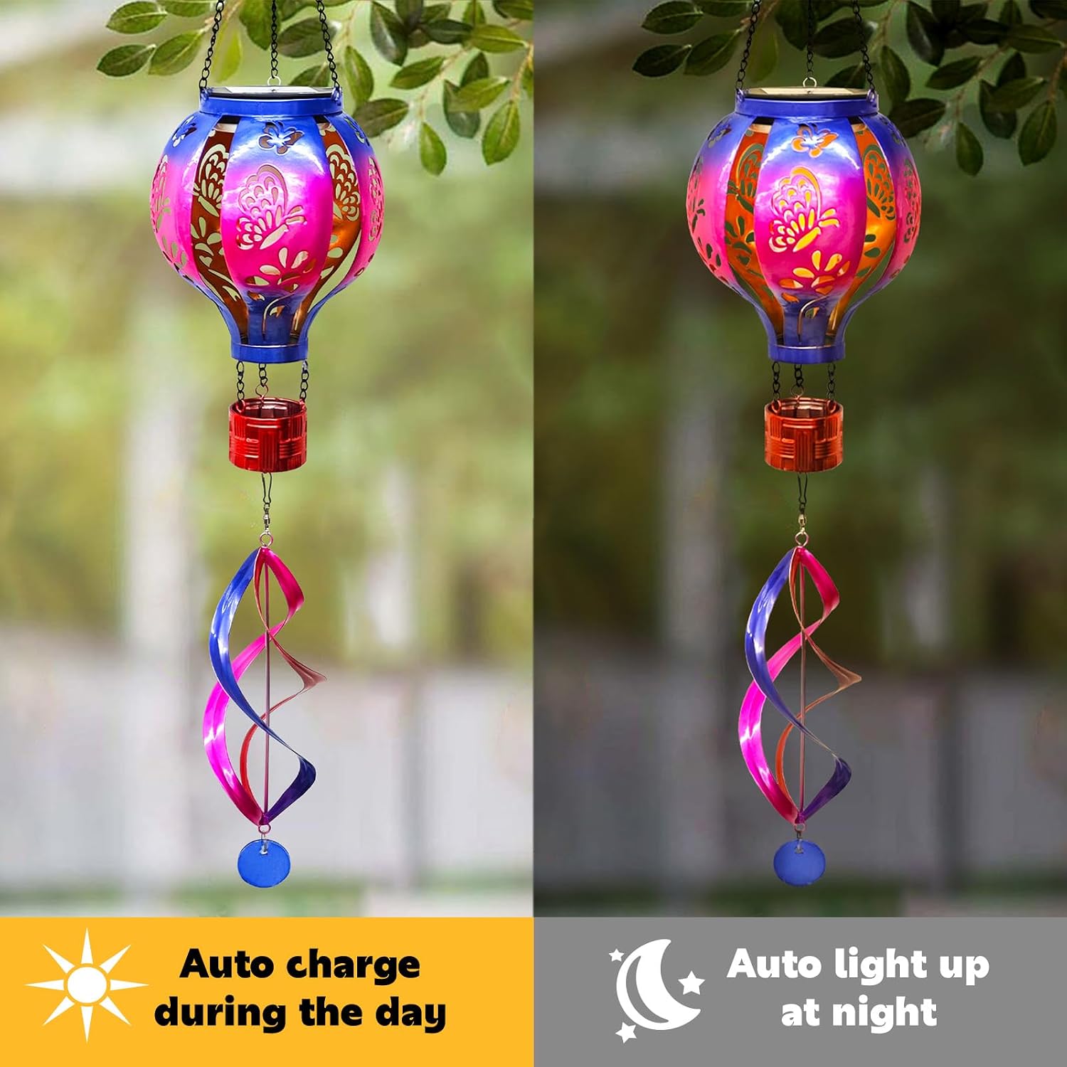 Hot Air Balloon Solar Lantern Butterfly Wind Spinners with Flame Light
