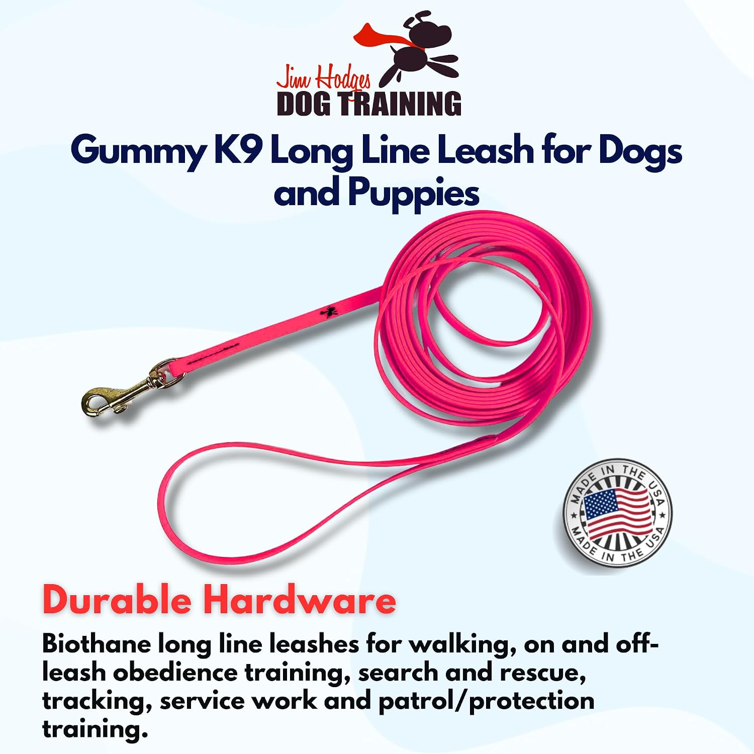 Gummy K9 Biothane Long Line Leash for Dogs, 10,15,20 and 32.5 Feet, Walking Tracking Training Service - Washable Waterproof Lead for Working K9 Groups, Dog & Puppy Owners, Pink