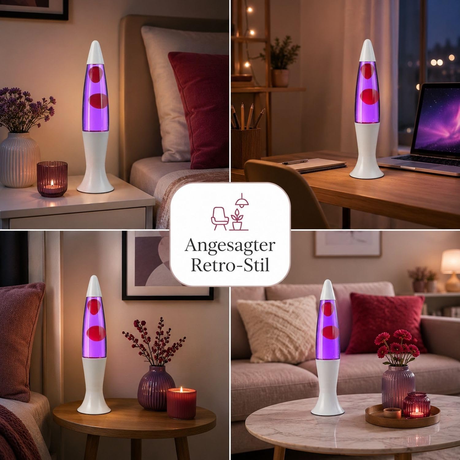 Easylight Lámpara de lava vidrio aluminio blanco púrpura rojo juvenil sala de estar H:40 cm G9 incluido atmosférica retro lámpara de mesa sala de fiestas ROXY