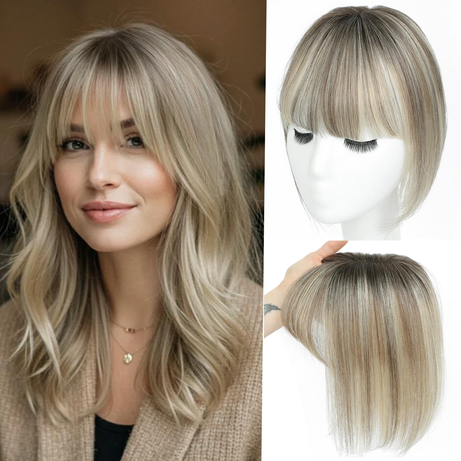 2T613 Haarteil aus 100 % Echthaar für Damen, Echthaar, 25,4 cm, Ombré-Hellbraun mit blonden Highlights, mit Pony, Schweizer Basis, Clip in Pony für dünner werdendes Haar