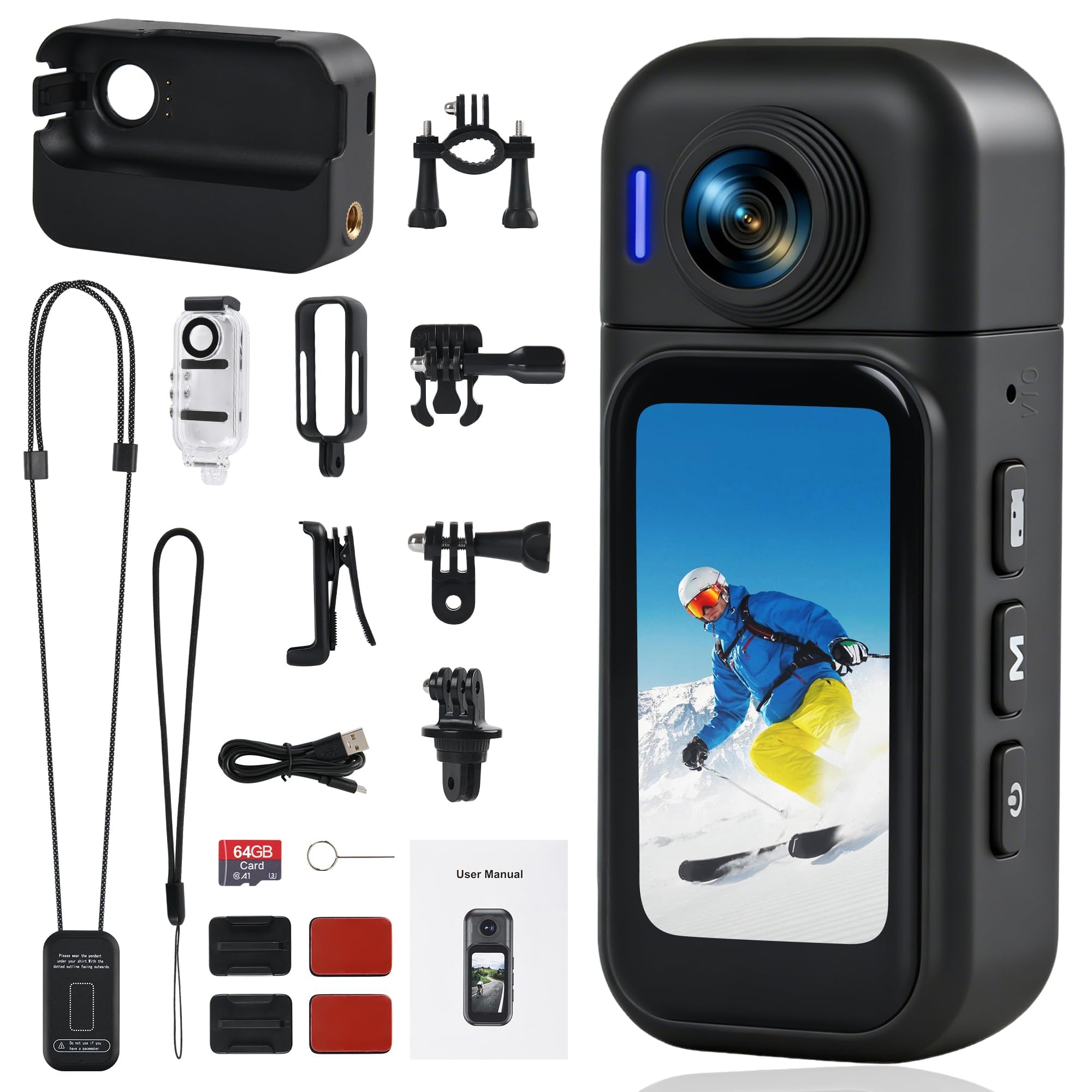 Action Cam Mit Touchscreen, 8-Stunden-Akku, Mini POV Bodycam, Wasserdicht 30M, 120° Weitwinkel, WLAN + 64 GB Karte & 10+ Zubehör für Radfahren, Reisen, Haustiere und Sport