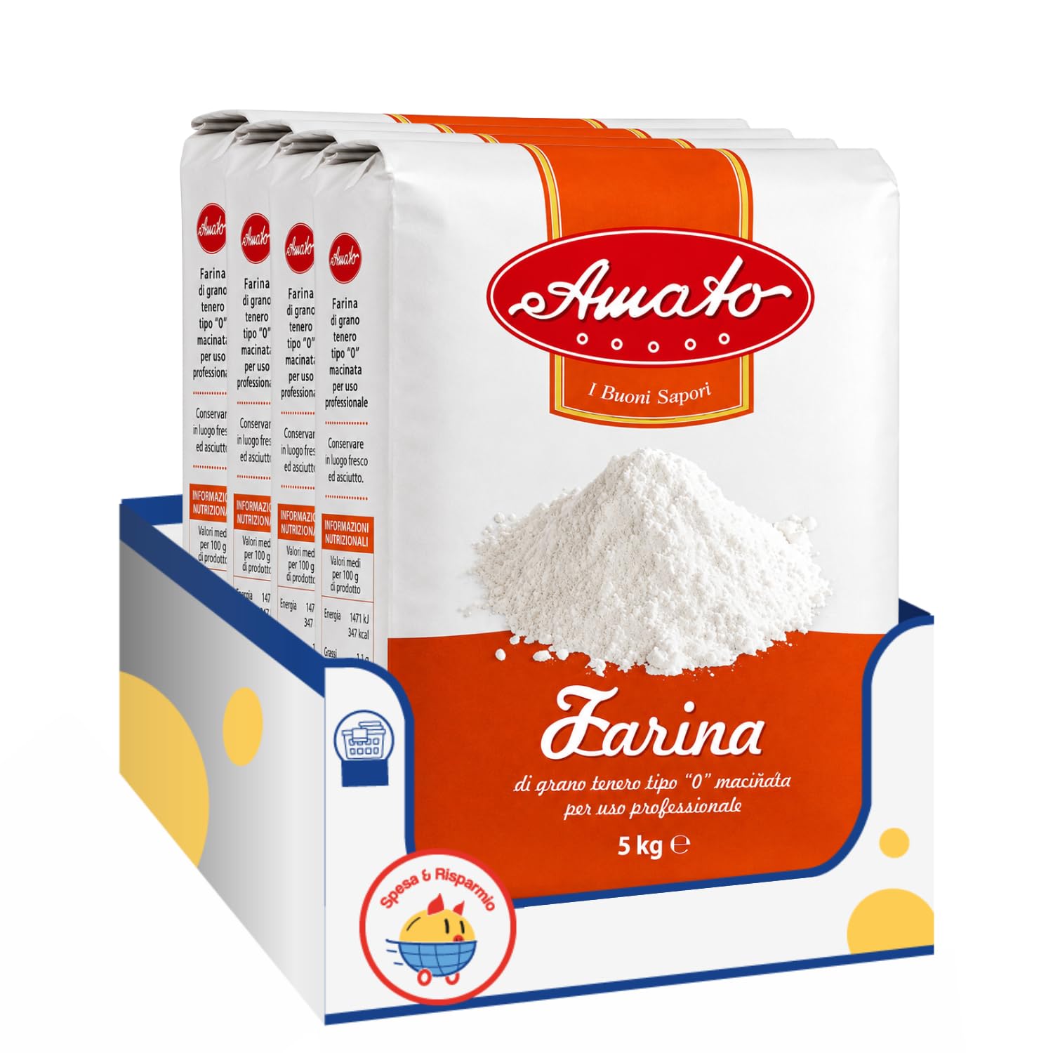 Amato Farina Manitoba Tipo 0 5 kg, Farina di Grano Tenero ad Alta Forza, Ideale per Pizza, Pane, Lievitati, Brioche e Dolci, Confezione Multipla da 4/8/12 Pezzi (8 PEZZI)