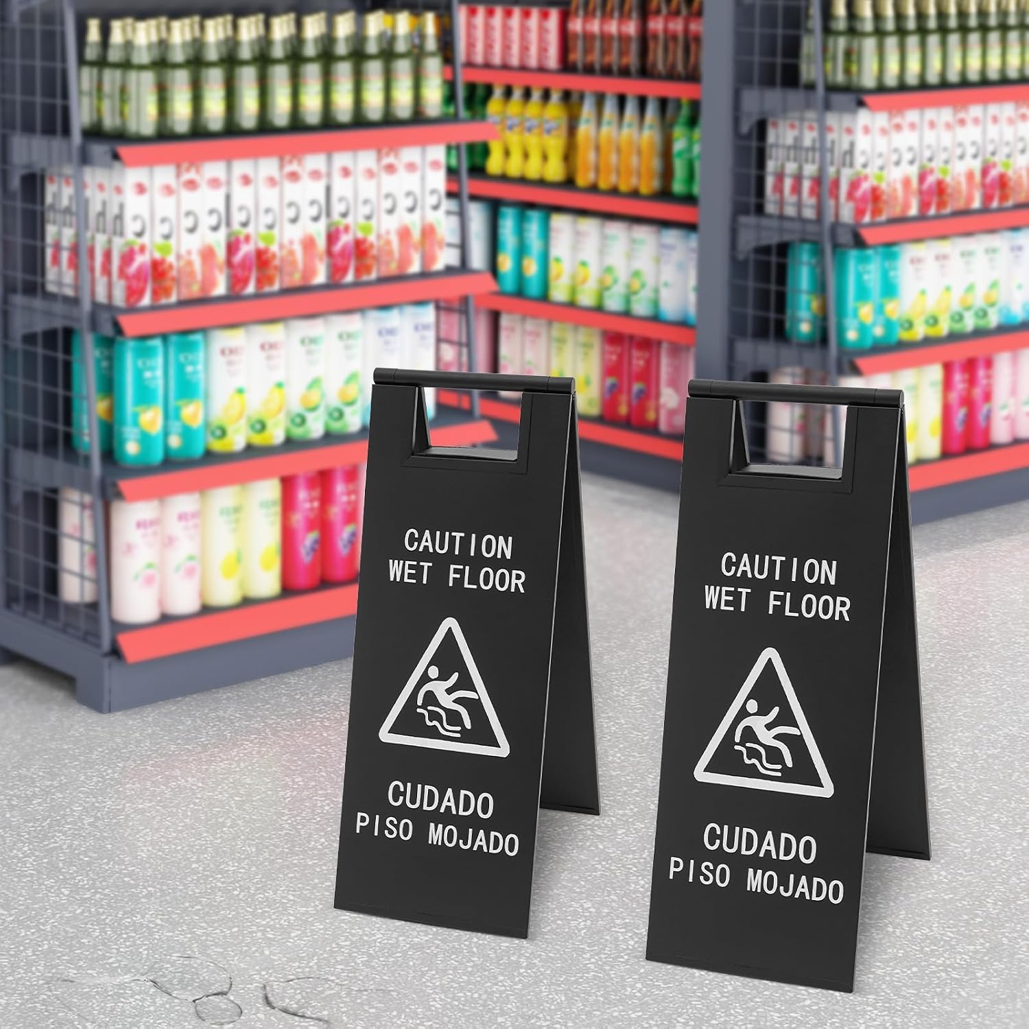 2PCS Stainless Steel Wet Floor Sign, 24 Inch Portable Wet Floor Caution Signage, Black Double Sided Signs, Bilingual Safety Warning Message for Restaurant Shop