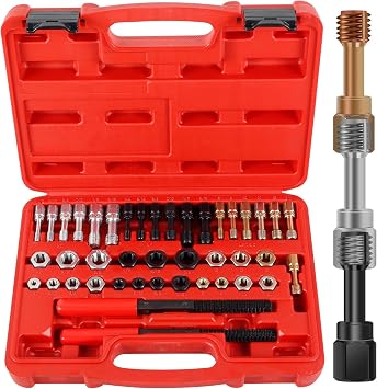 15/42Pcs Thread Restorer Kit, Carbon Steel Car Rethreading Repair Tool Set UNC/UNF/Metric Thread Chaser Repair Kit with Storage Case Thread Files Taps and Dies Set for Car Repair Red 42pcs