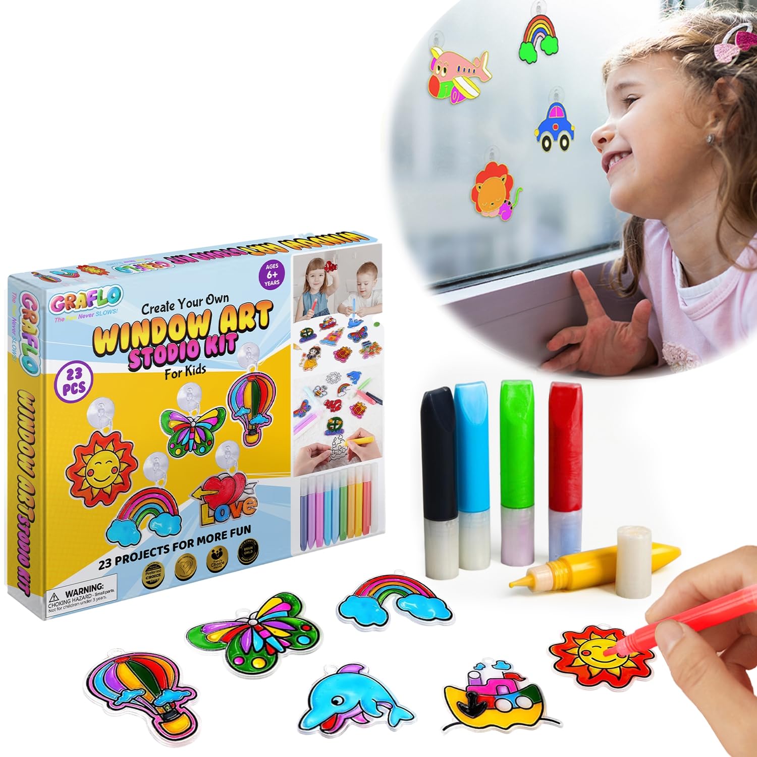 GRAFLO Window Art Paint Kit, DIY Art for Kids, 23 Sun Catchers and 23 Suction Cups, Assorted 12 Colors paints, Suncatchers for Kids to Paint, Toys for boys & Girls, Creative Art for Kids 6 Years+