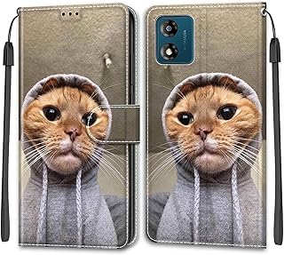Motorola Moto E13 Case, Flip Folio Leather Wallet Phone Cover with Magnetic Closure Card Slots Kickstand Shockproof Silicone Bumper Protective Case for Motorola Moto E13, Cute Cat