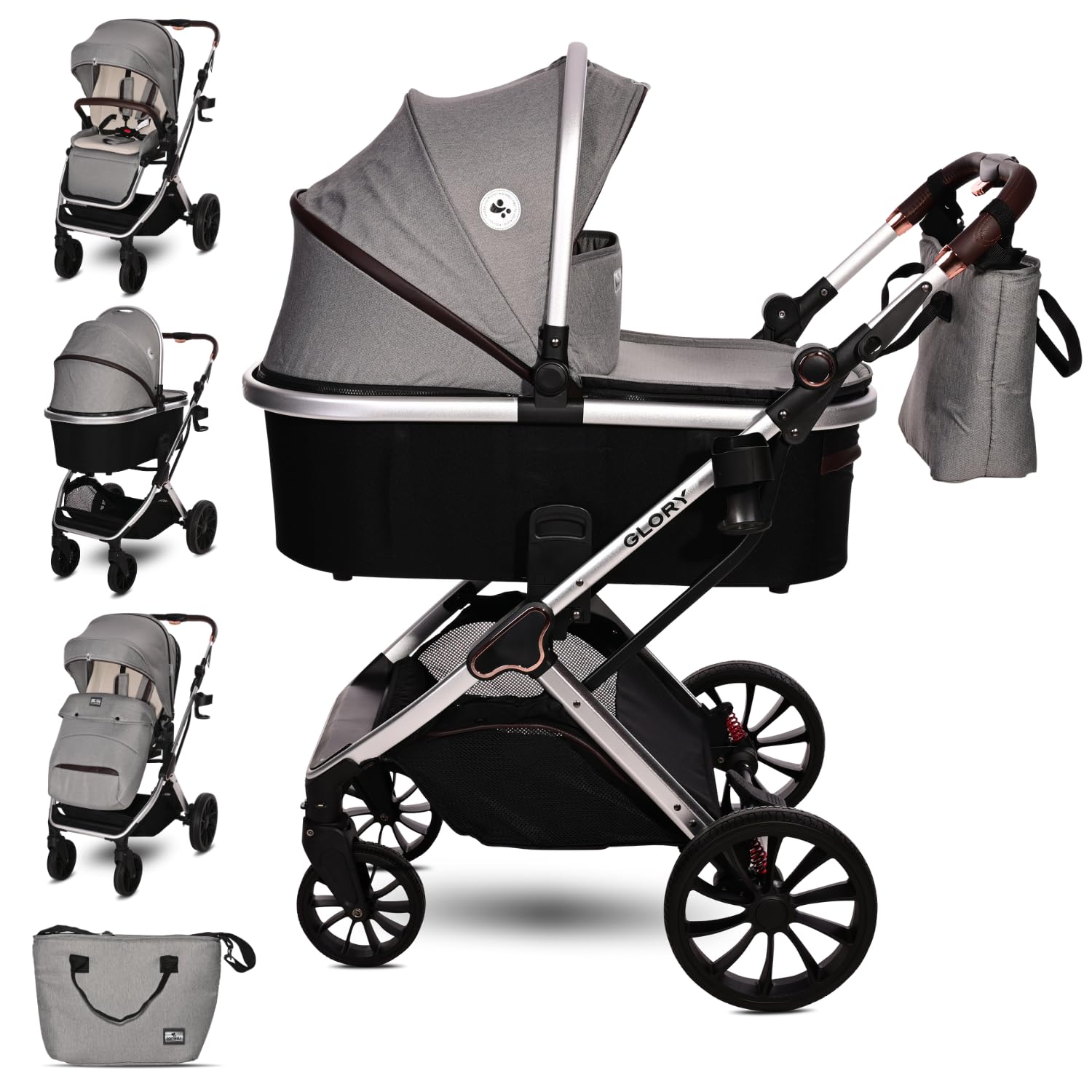 Lorelli Baby Stroller Glory 2 in 1, Pushchair, Pram for Newborn, Buggy, Foldable Travel System from Birth up to 4 years or 22kg, Reclining Backrest, Large Rubber Tires, Suspension, Footcover, Grey