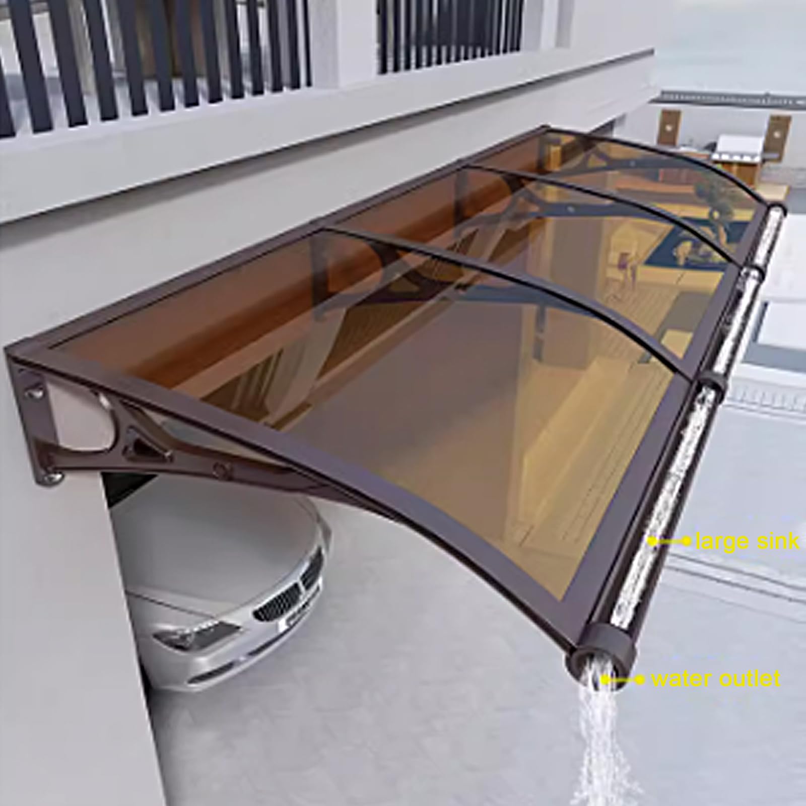 Tettoia per Porta o Finestra,Pensilina ad Arco d'Ingresso,Pensilina Copriporta in Policarbonato Marrone con Grande Lavello,Tenda da Veranda di Protezione da Pioggia e Neve UV (120x180cm/47"x71")