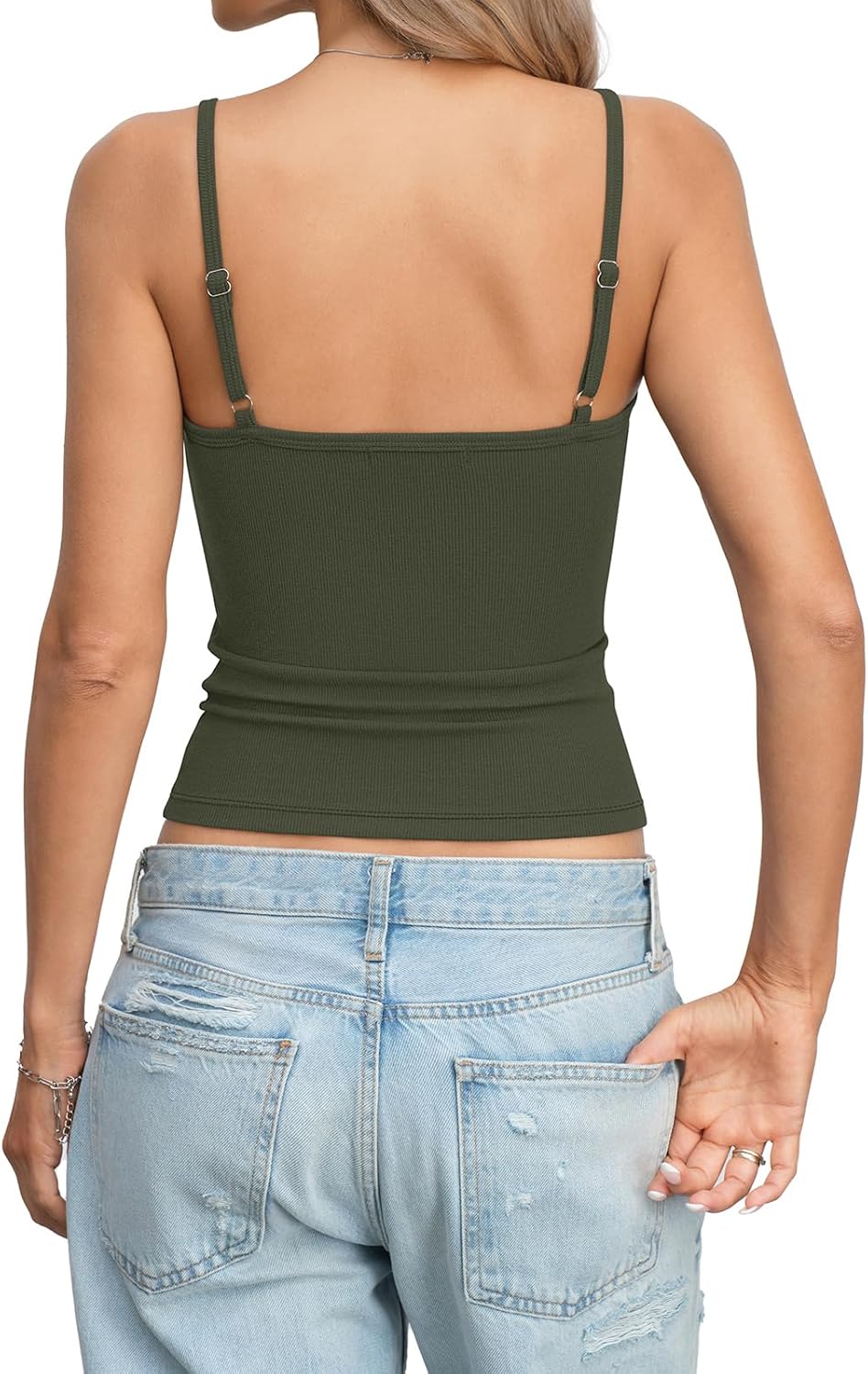 Womens Cotton Ribbed Henley Tank Tops Square Neck Camisole Adjustable Spaghetti Strap Fitted Shirts Summer 2026 - Image 6