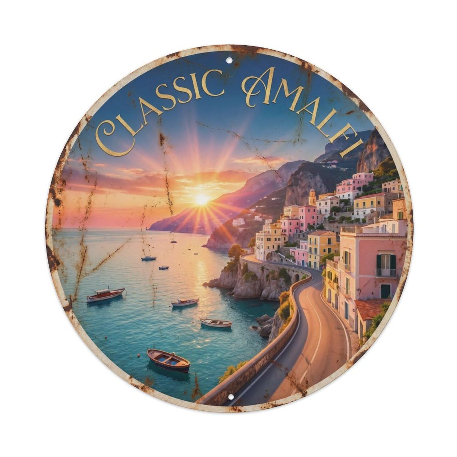 Vintage Travel Italian Coastal Sunrise Scenic Metal Tin Sign Plaque