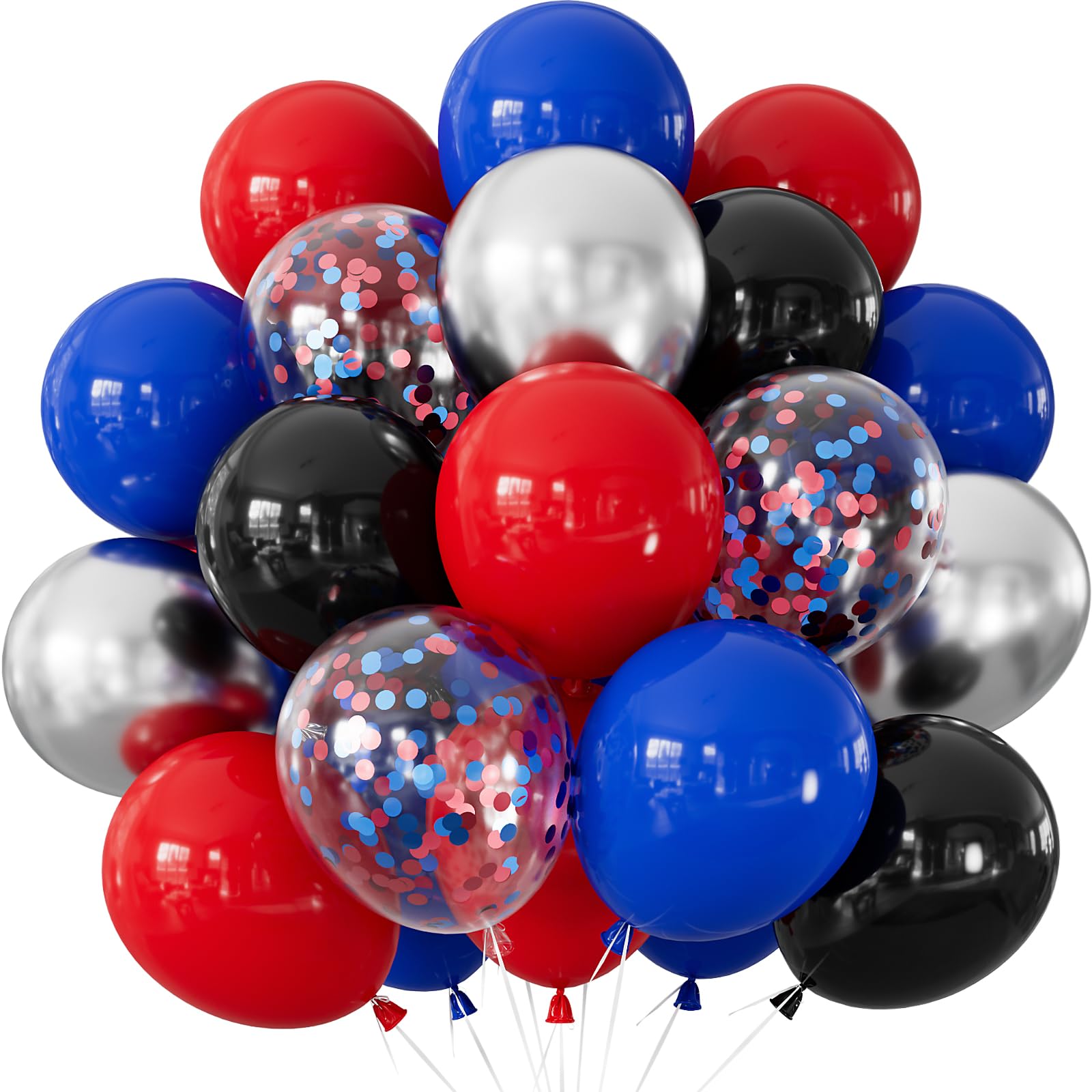 Adeyoo 50Pcs Red Blue Black Balloons - 12 Inch Royal Blue Black Red Balloons Set with Metallic Silver Latex Confetti Balloon for Man Birthday Graduation Baby Shower Spider Theme Party Decorations