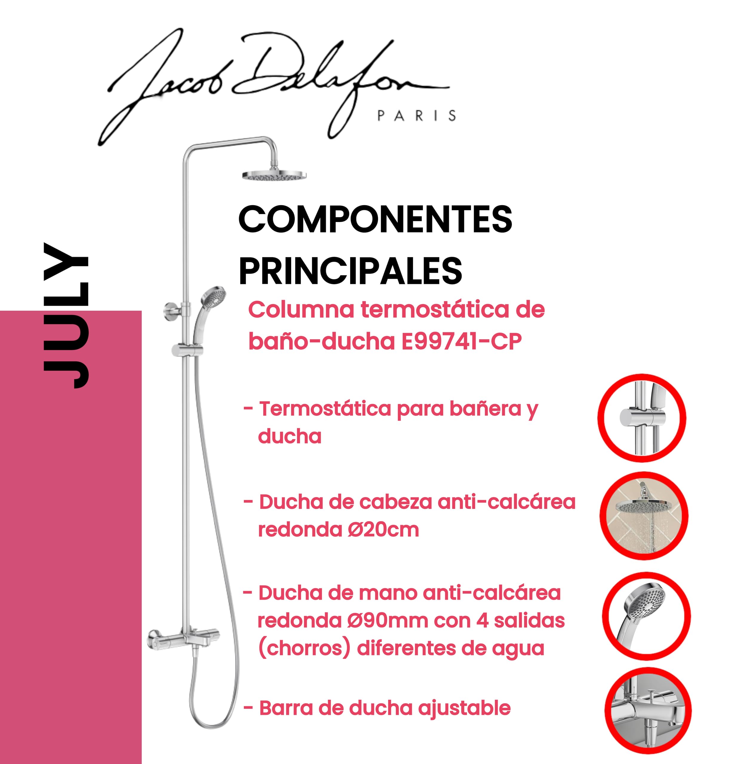 JACOB DELAFON Columna termostática de baño-ducha Cabezal redondo efecto lluvia Ducha de mano con 4 funciones Altura ajustable JULY E99741-CP