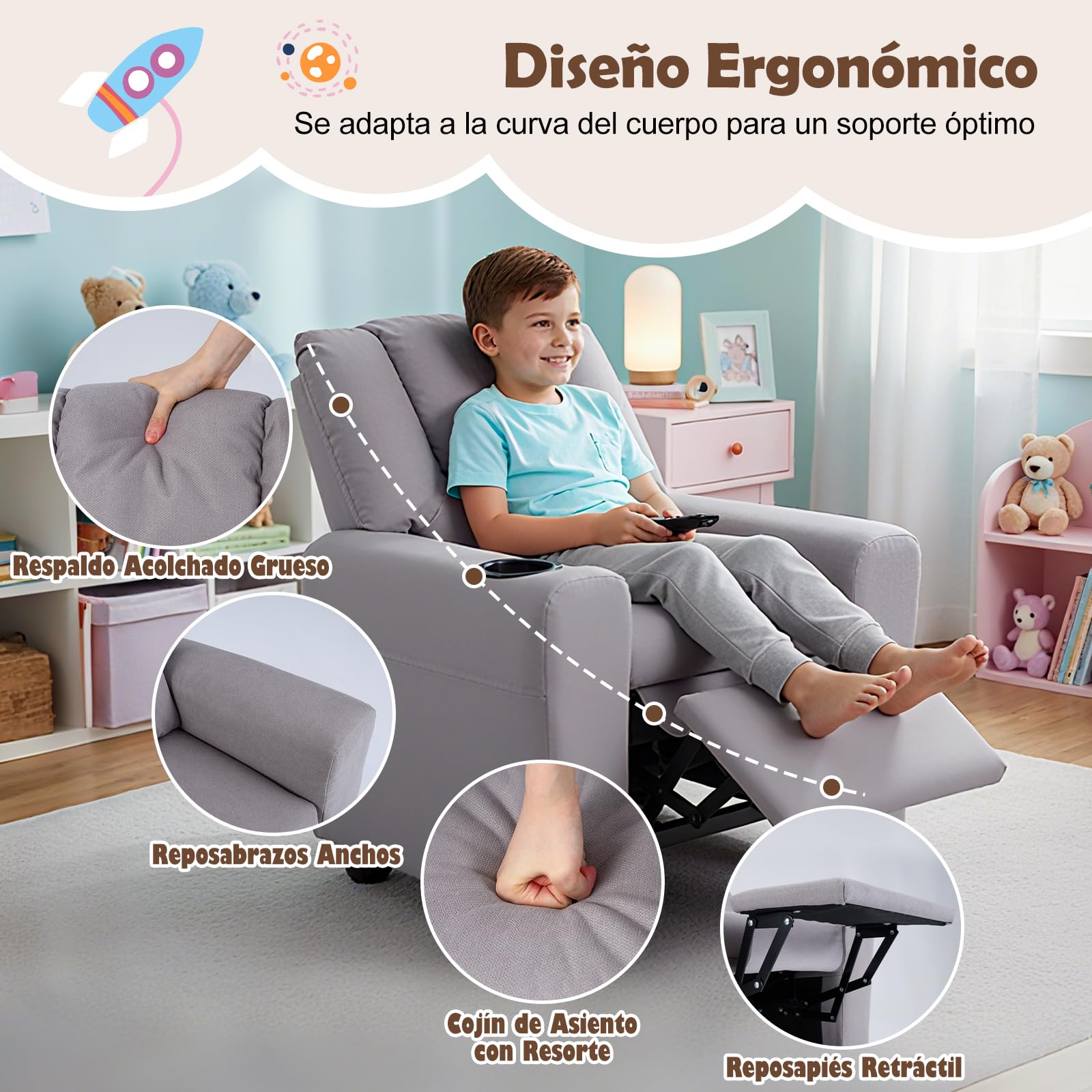 GOPLUS Sillón Reclinable Infantil con Portavasos, Silla Reclinable de Tela de Terciopelo con Respaldo y Reposapiés Ajustables, Cojín de Asiento con Resortes, Sofá para Niños de 3+ Años (Gris)