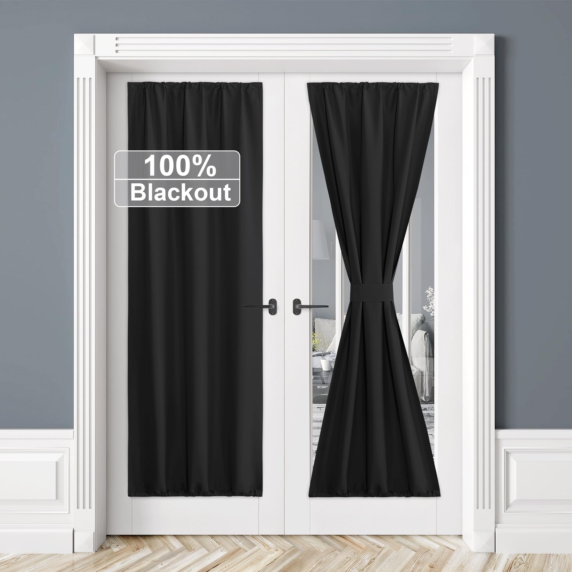RYB HOME 100% Blackout Door Curtain Lightweight Portable and Easy to Install, Fully Room Darkening Privacy for French Door Kitchen Sidelight Window, W