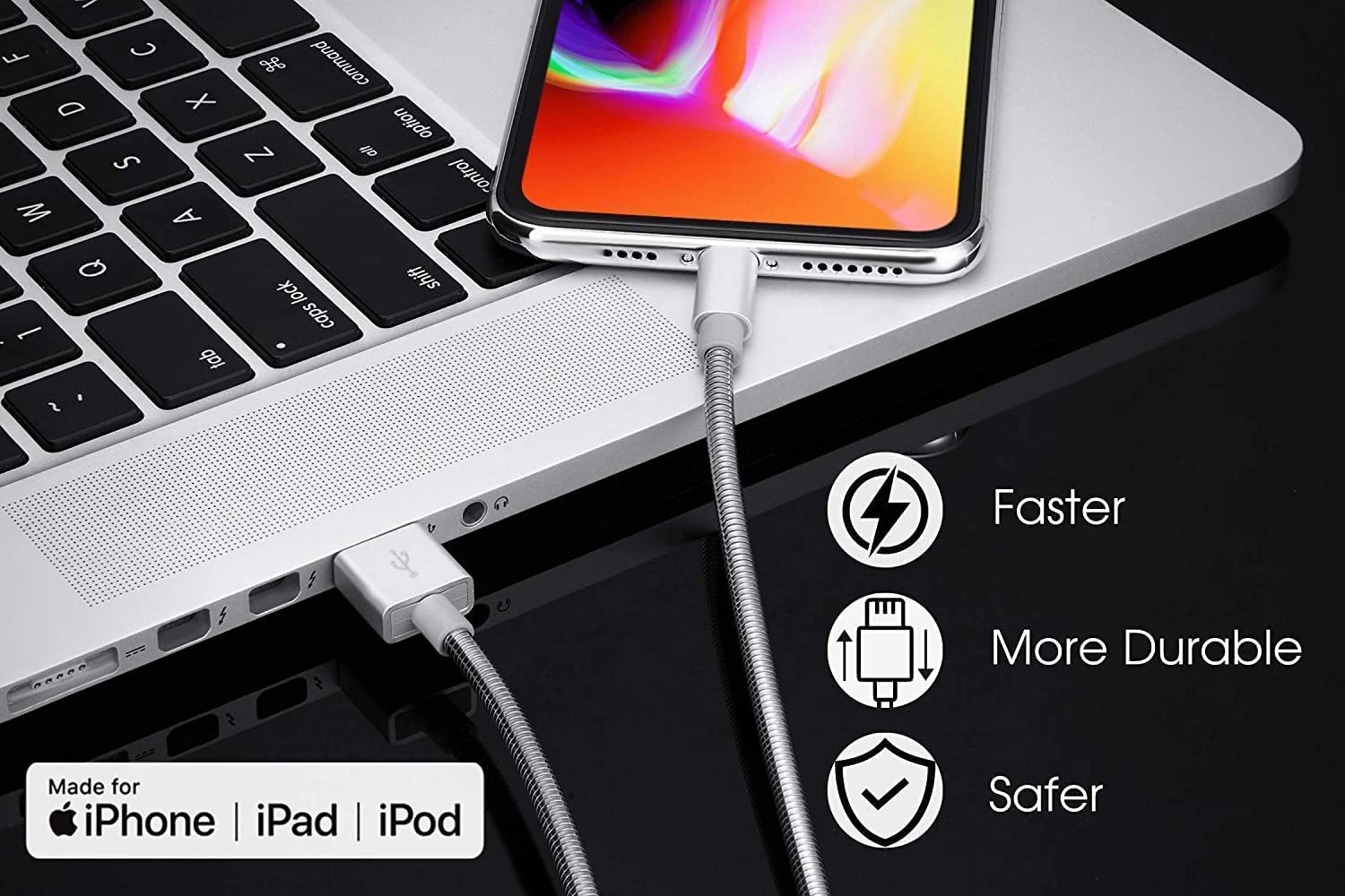 Cable de carga certificado MFi [2 unidades, 6.6 pies] Cable USB trenzado de metal con cubierta de acero recubierto de aislamiento, cable de transferencia de datos de carga fuerte y rápida