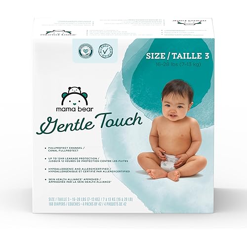 Amazon Brand - Mama Bear Gentle Touch Baby Diapers, Size 3, 168 Count (4 packs of 42), Leakproof, Keeps Baby Dry, Skin Safe, Fragrance-Free with Wetness Indicator