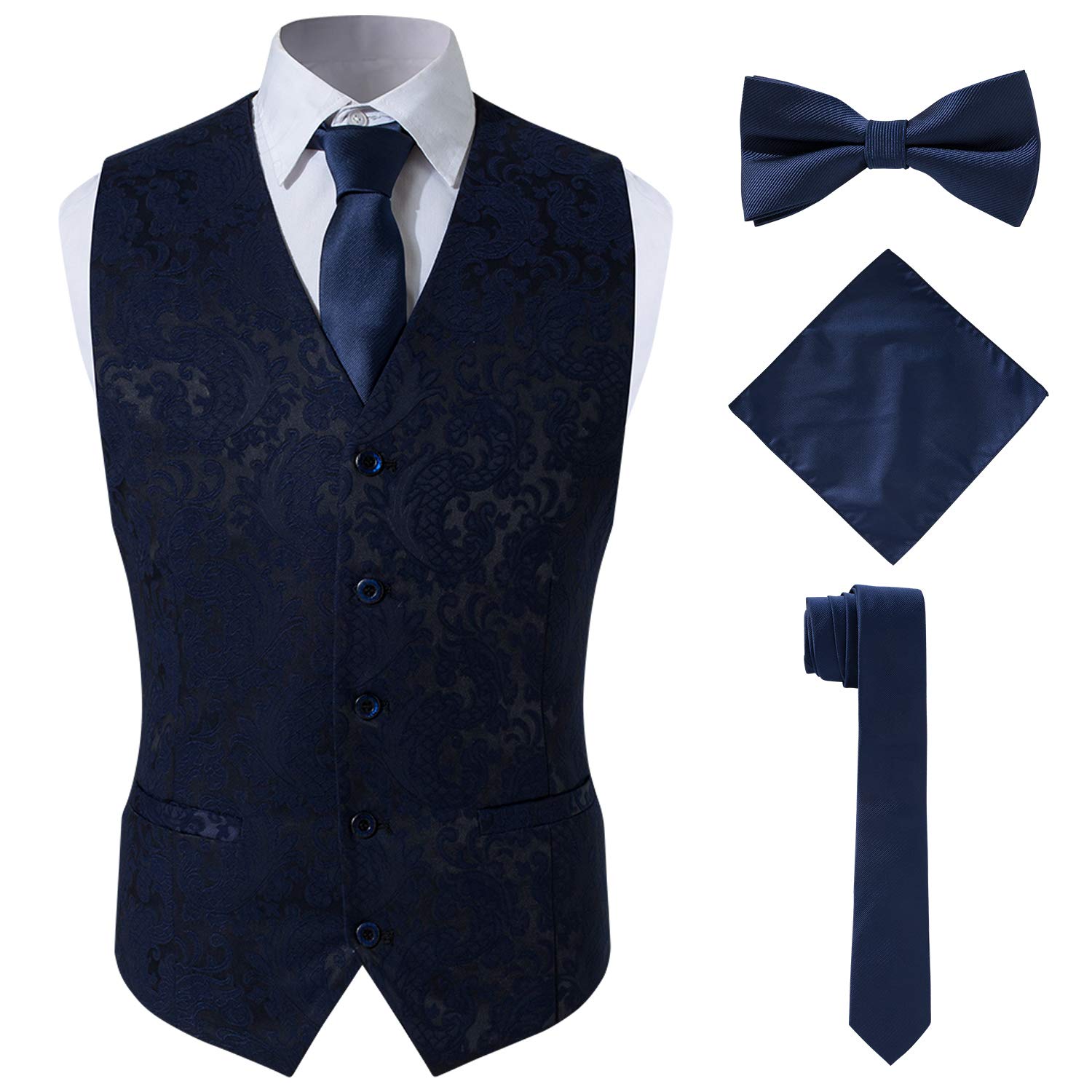 SuiSional Men's 4pc Classic Jacquard Suit Vests with Tuxedo Necktie Handkerchief Bowtie Set