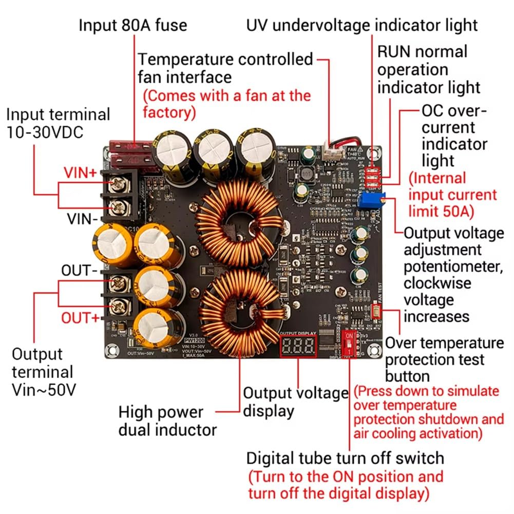 PW1200 50A DC-DC Boost Converter 1200W 50A Boost Converter Board Module d'alimentation 10-30V au Module de Chargeur de Tension VIN-50V