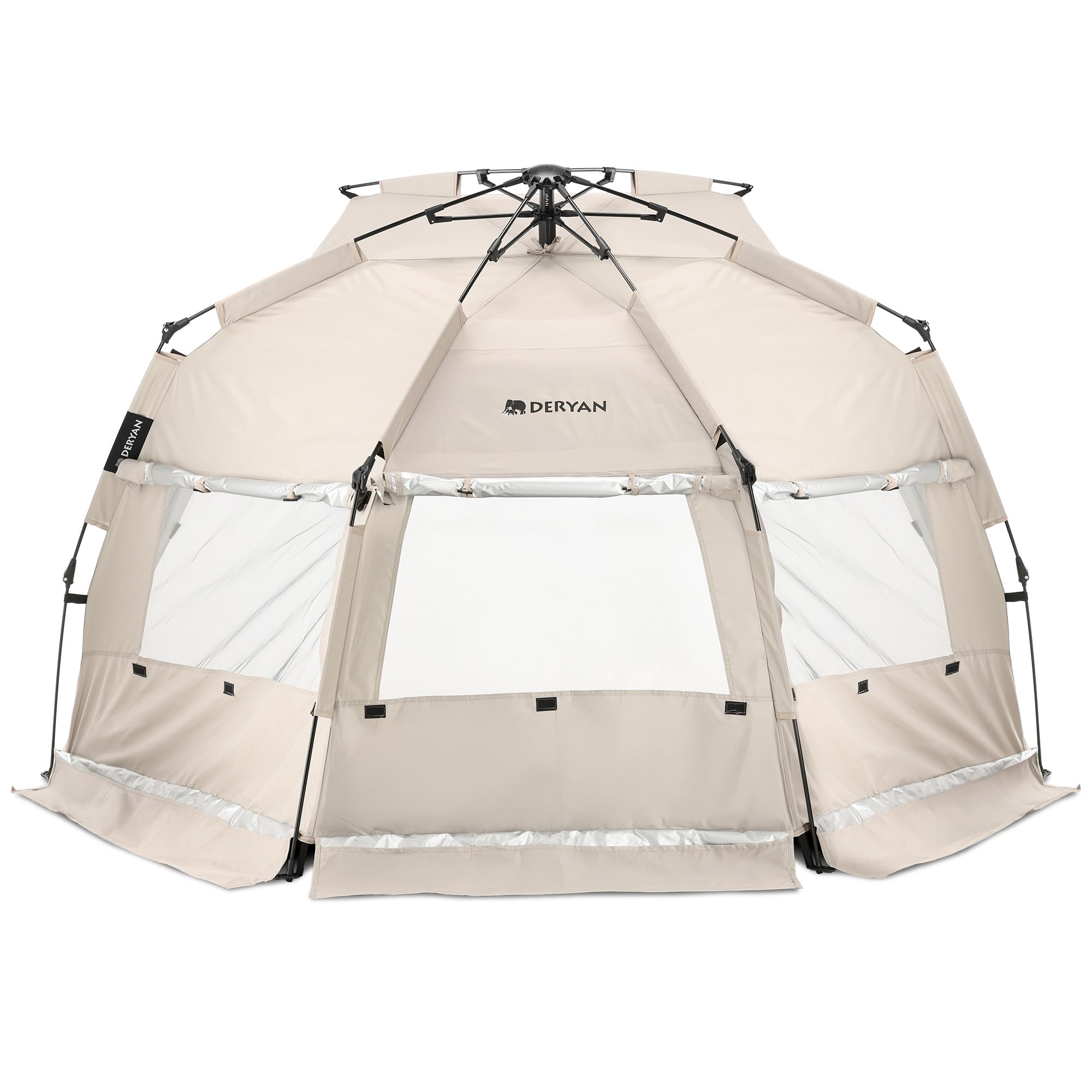 DERYAN Up-to-Go Tente de Plage Pop Up Enfants Protection UV UPF 50+ Coupe-Vent Portable Compacte Pliable 4 Personnes Argent
