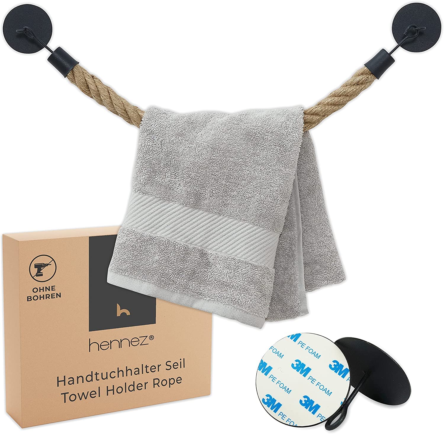 Hennez Black Towel Holder Jute Rope - Wall, Bathroom No Drilling - Kitchen Gluing Instead Of Drilling - Tea Towel Holder Towel Rail