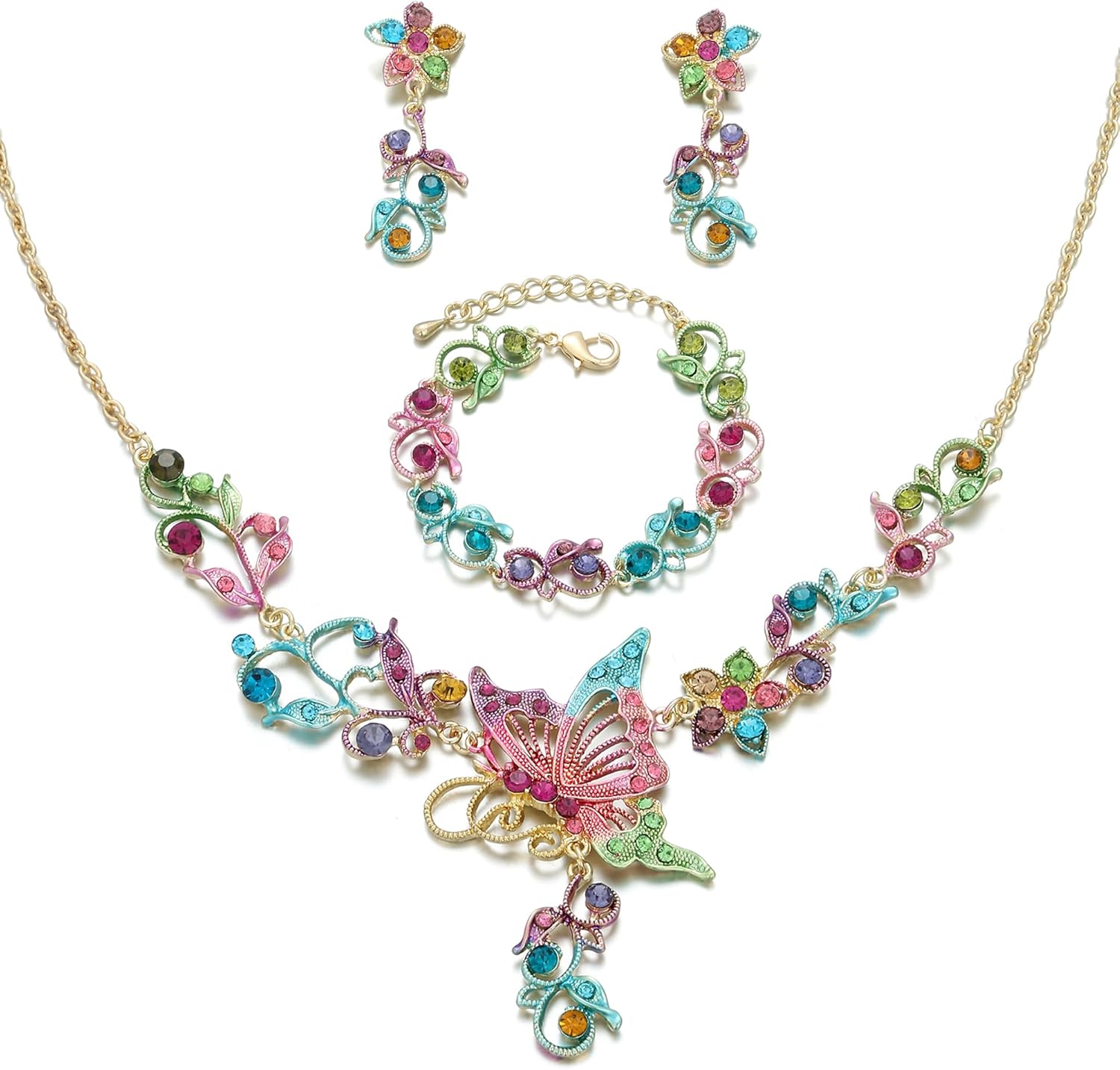 Elegant Wedding Austrian Crystal Butterfly Flower Leaf Necklace Drop Earring Link Bracelet Bridal Jewelry Set for Women Party Prom