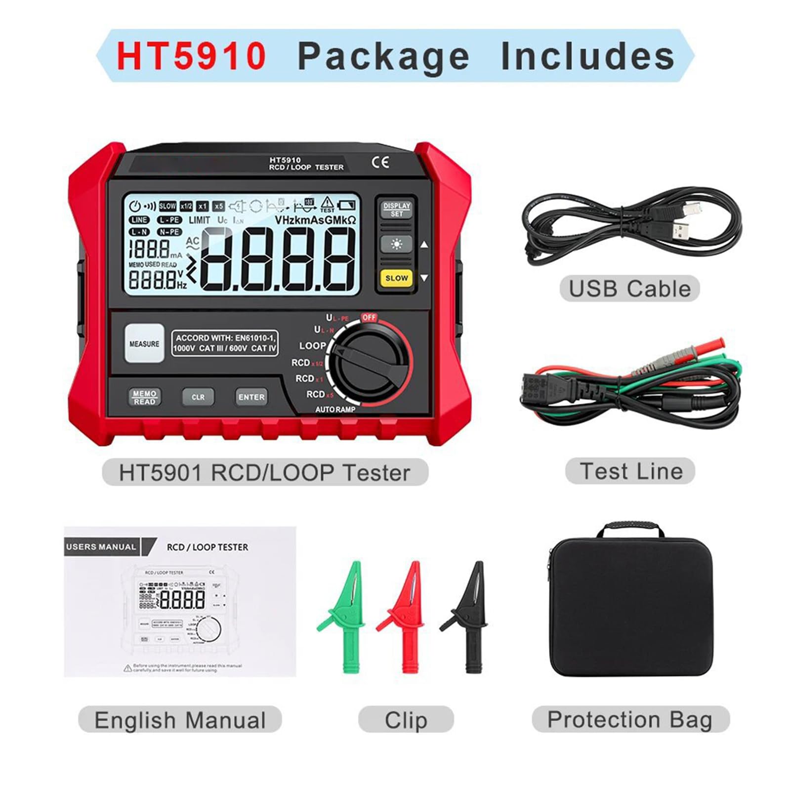 VBESTLIFE Detector de Disyuntor de Fugas, Medidor de Impedancia de Bucle con LCD de 4,7 Pulgadas, Probador RCD para Cable HVAC de Motor (paquete estándar)