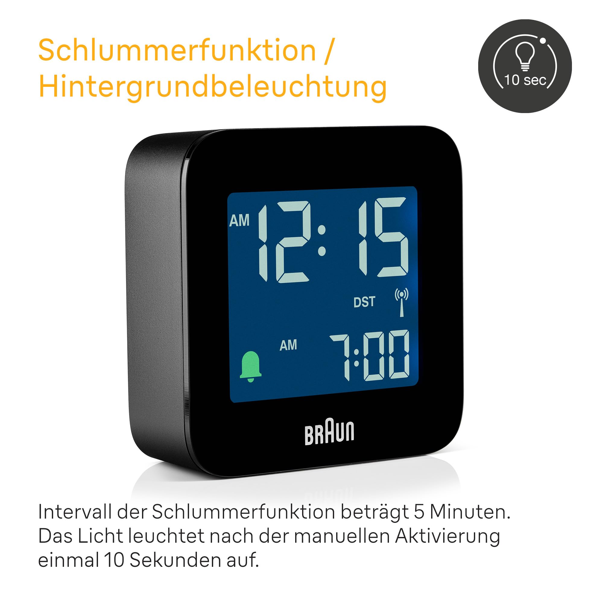 Braun Réveil de Voyage numérique radiocommandé pour Le Fuseau horaire de l’Europe Centrale (DCF) avec Fonction Snooze, Taille compacte, réglage Rapide, bip de l’Alarme en Crescendo, Noir, BC08B-DCF