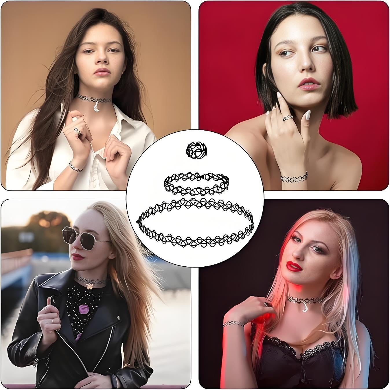 12 Pezzi Choker Set Collana,set di Collane,Braccialetti e Anelli con Tatuaggi,Chocker elastica regolabile,Choker Donna,Choker Nero in stile Gotico anni 90,adatte per Donne e Ragazze