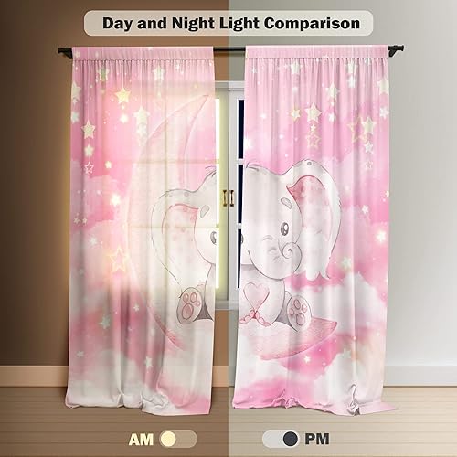 Miniatura 3 de Cortinas de ventana de elefante en acuarela para niños y niñas, estrella centelleante rosa, para sala de estar, dormitorio, cuarto de bebé, hogar,