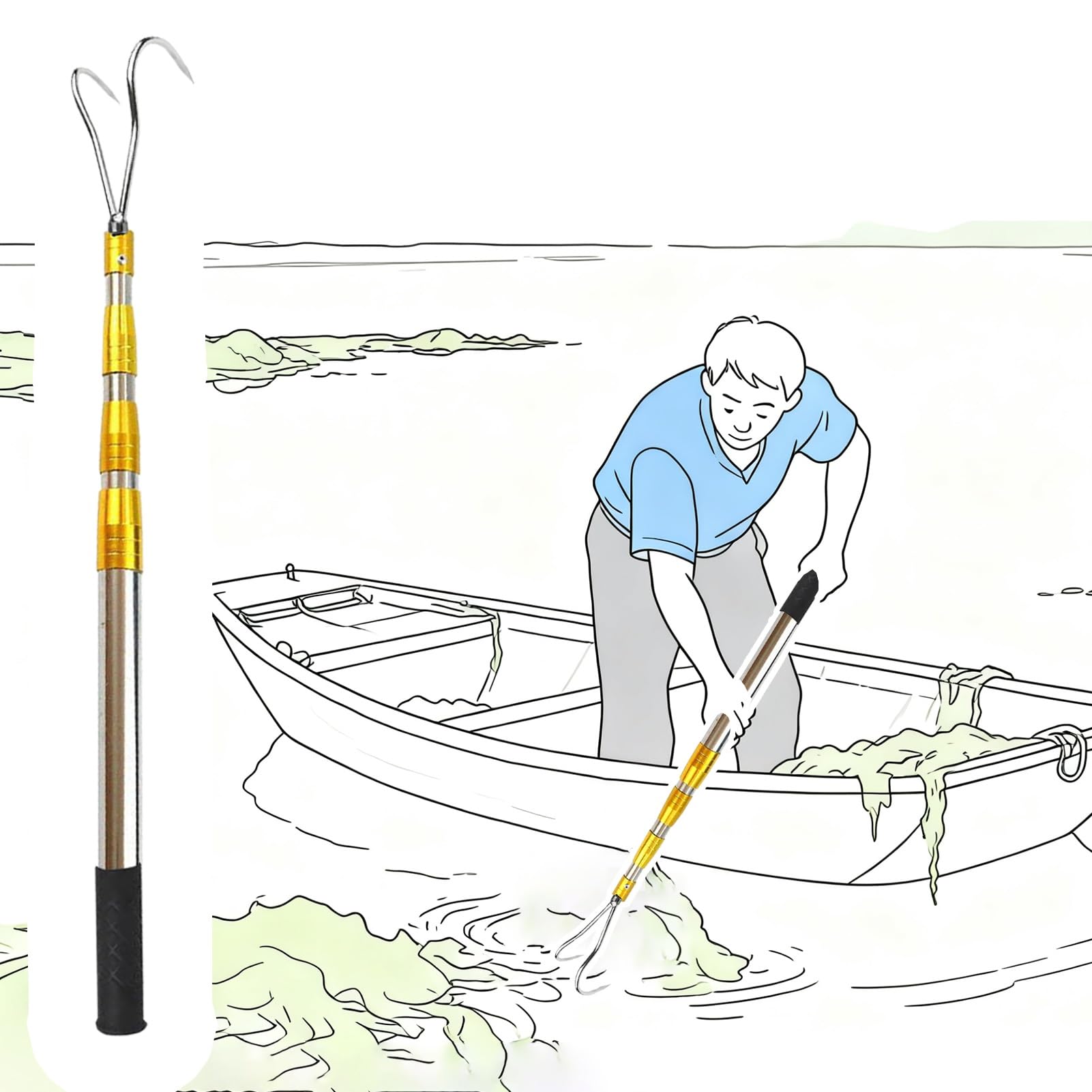 Mezzo Marinaio per Barca Rastrello Telescopico per Erbacce Acquatiche a 2/3/ 4 Denti, Asta Regolabile per Rimozione Detriti di Alberi/Gancio per Barche, Aste per Barche(2-Claw,60-150cm/24" - 59")