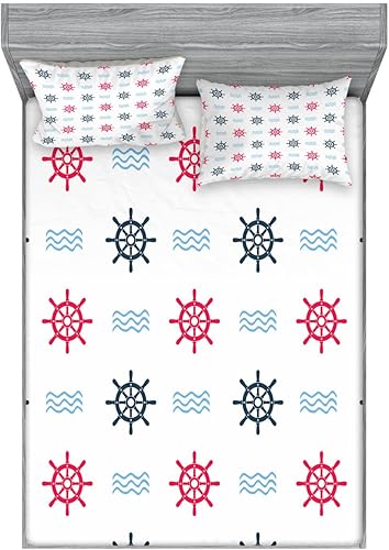 Ambesonne Ships Wheel - Juego de sábanas y fundas de almohada para volante, diseño de ondas abstractas, ilustración vintage estilo garabatos,