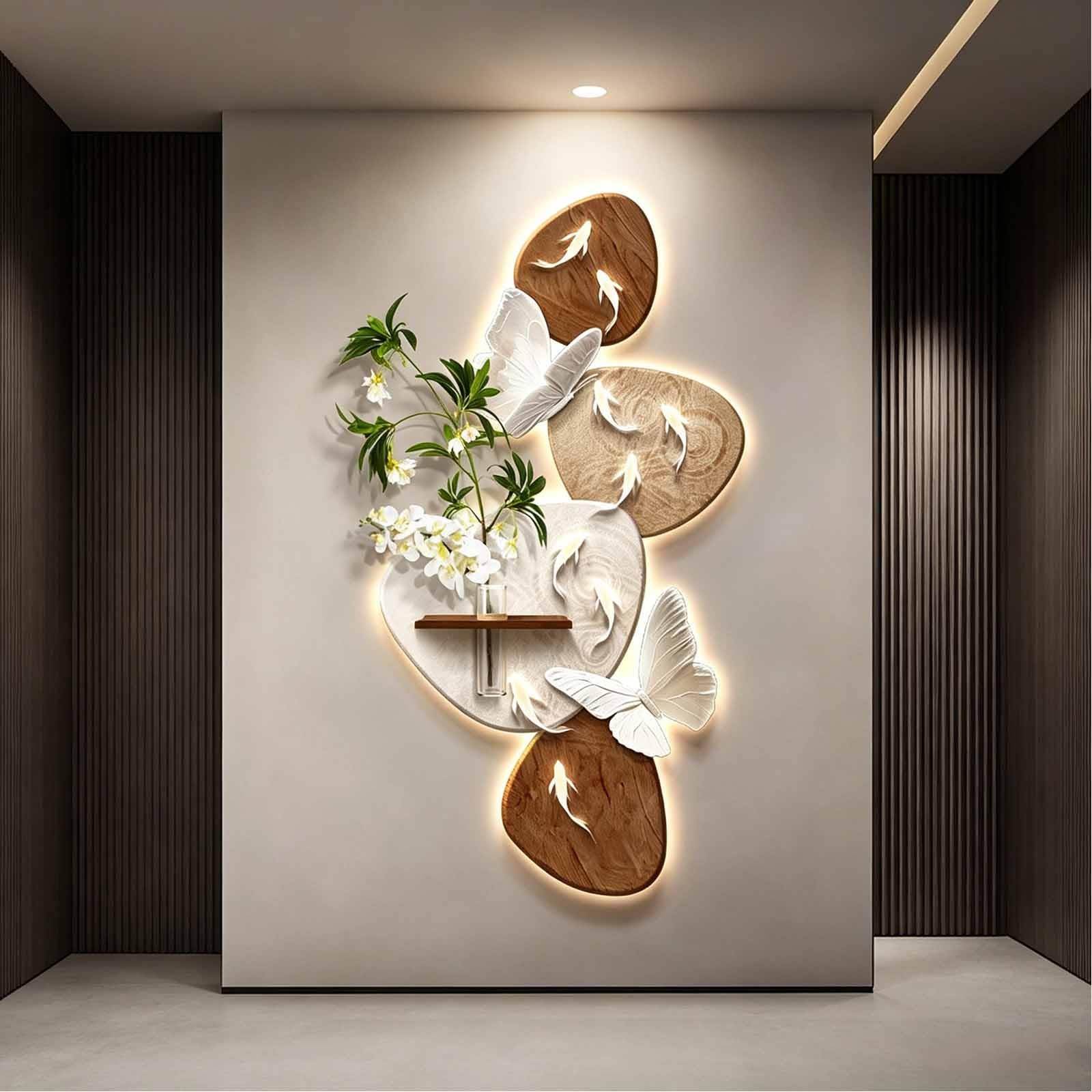 YDAECKRYVB 3D Sandstone Wall Art Decor With LED Lighting，LED Wall Sculpture Featuring A Decorative Panel With A Vase And Faux Greenery，Suitable For Entryways.(C,140 * 70cm/55.1 * 27.6in)