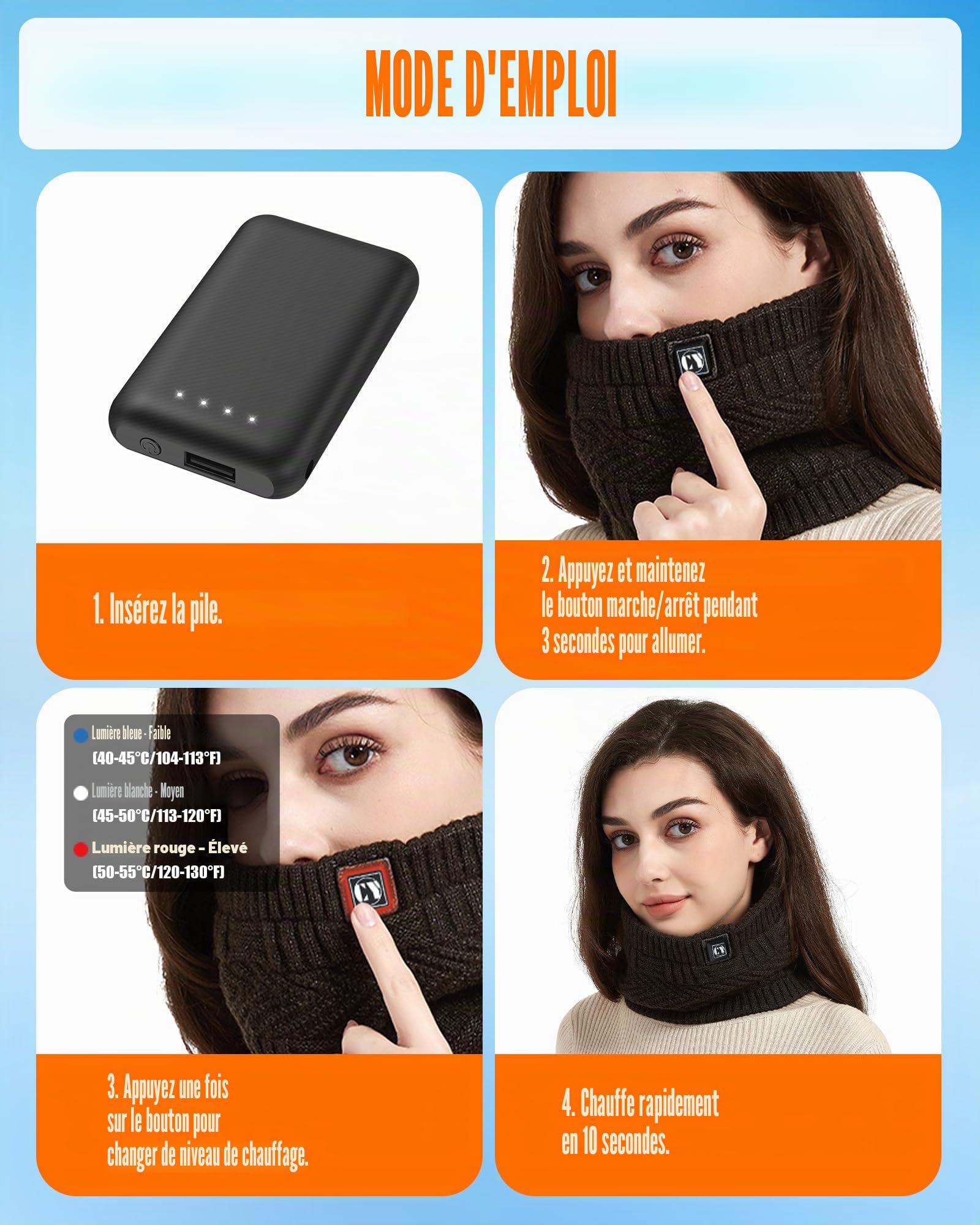CYCYHEAT Chauffe-nuque chauffant - Écharpe électrique avec batterie externe de 4000 mAh - 3 niveaux de chauffage - Pour homme et femme - Idéal pour la chasse, la pêche, le camping, la randonnée
