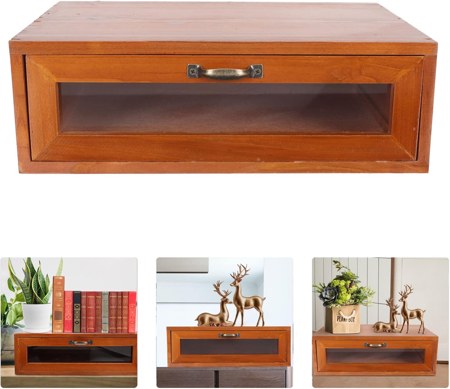 Retro Wooden Monitor Riser with Drawer 11.81X7.28X3.93 Inch Desktop Storage Box Organizer for Office Makeup and Computer Accessories