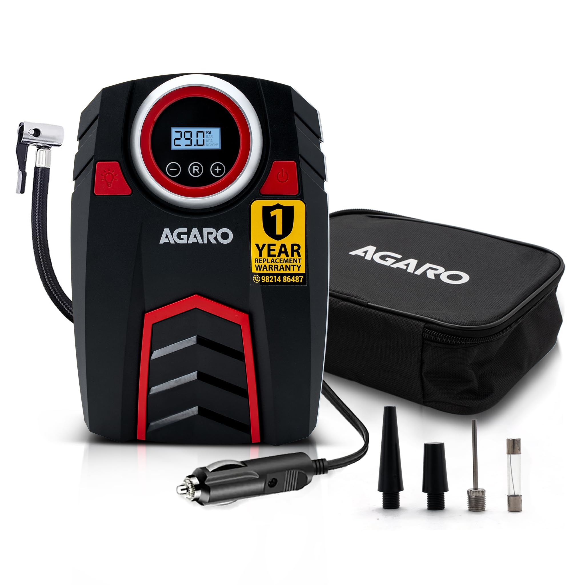 AGARO Marvel Tyre inflator, for Cars & Bikes, 12V, Upto 150 PSI, 120 W Powerful Motor, Up to 3M Long Cable, Digital Display, Multiple Nozzles-image-9