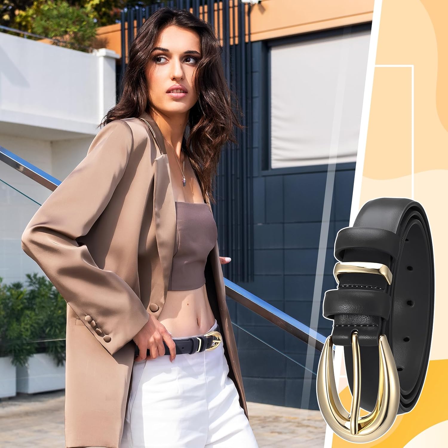 Womens Leather Belt for Jeans Pants - 2 Pack Fashion Leather Ladies Waist Belt with Gold Buckle - Image 6