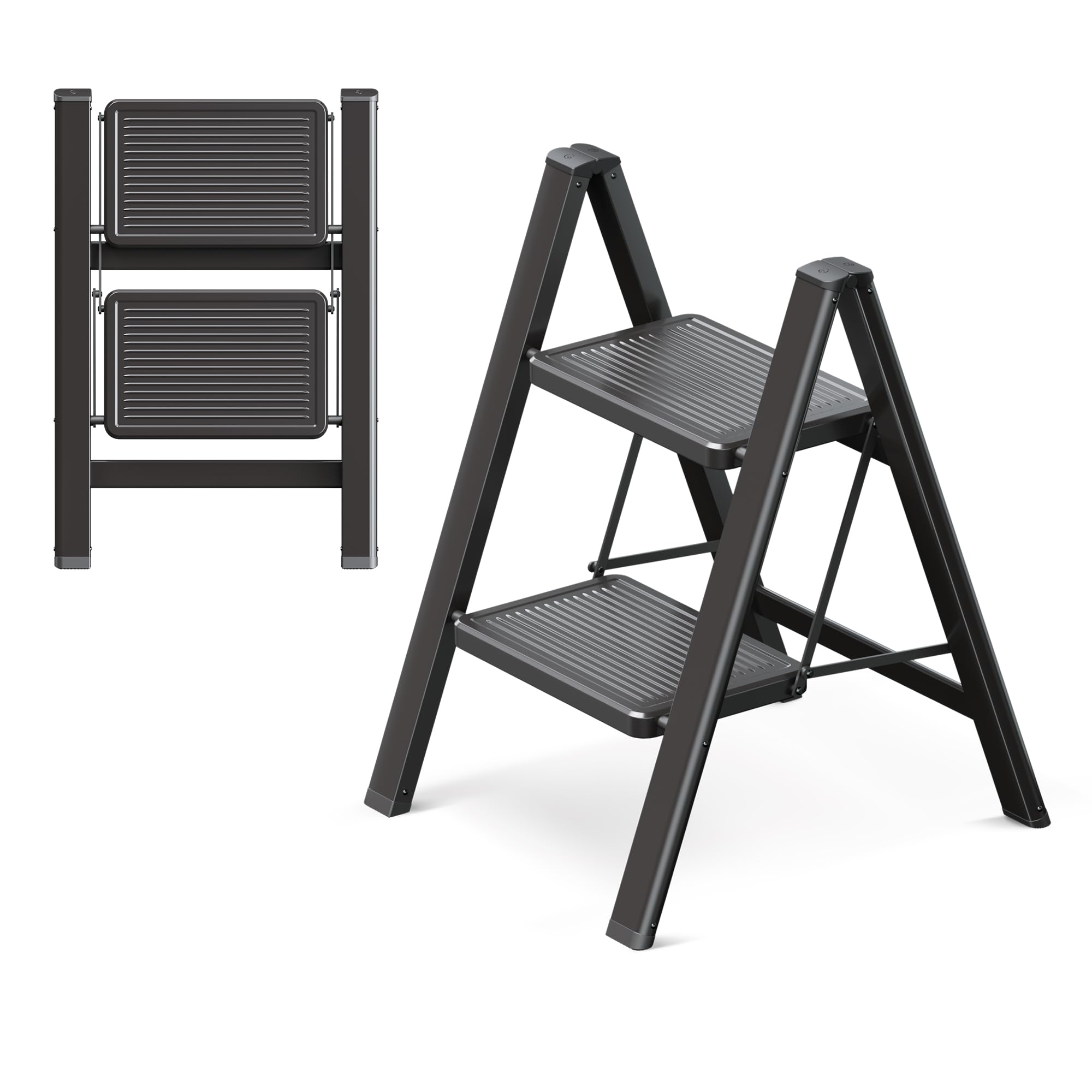 GameGem 2 Step Ladder, 2 Step Stool for Adults, Folding Step Ladder with Secure Footing, Widened Pedal, Aesthetically Pleasing Looking, Blends Right into Domestic Rooms, Black