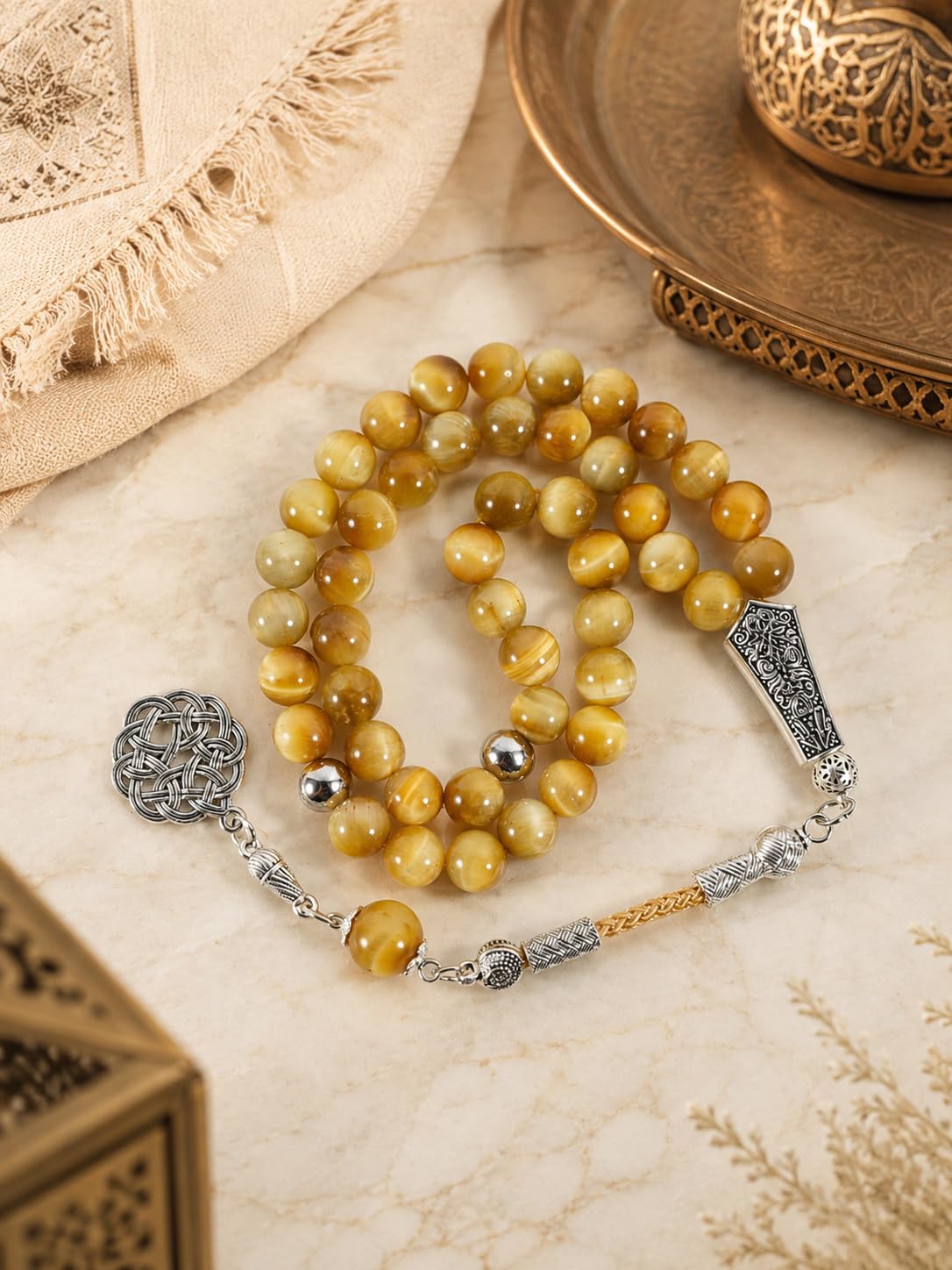 Tasbih złoty łańcuszek modlitewny z 45 perełkami Misbaha ze srebrnym frędzlem i pudełkiem na prezent, tygrysie oko, koraliki modlitewne dla mężczyzn, ojca, męża, Ramadan Eid prezent urodzinowy