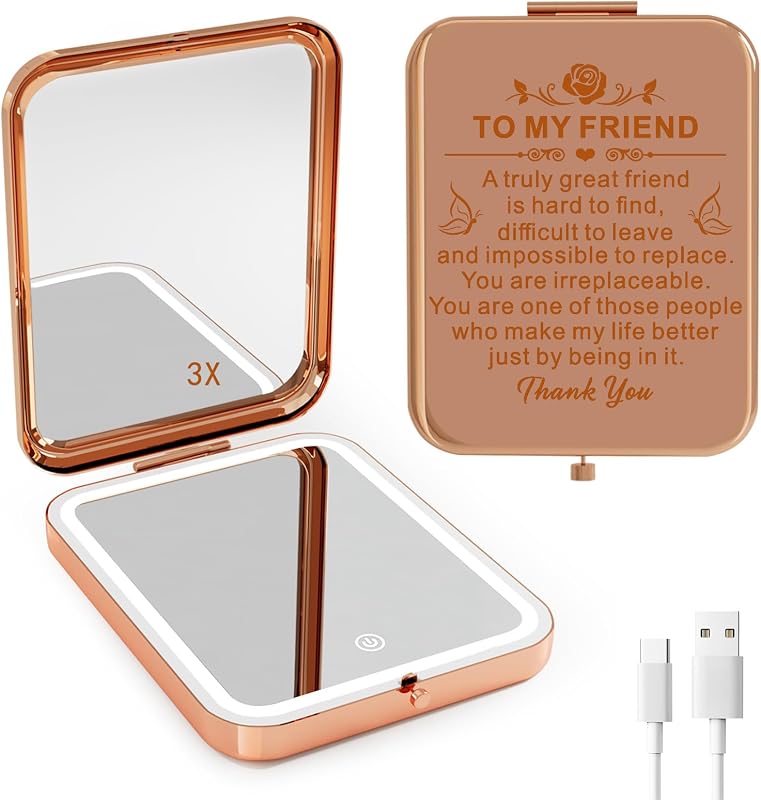Espelho de mão compacto GLINTZ com LED, dupla face 1x/3x, bateria recarregável e acabamento Rose Gold