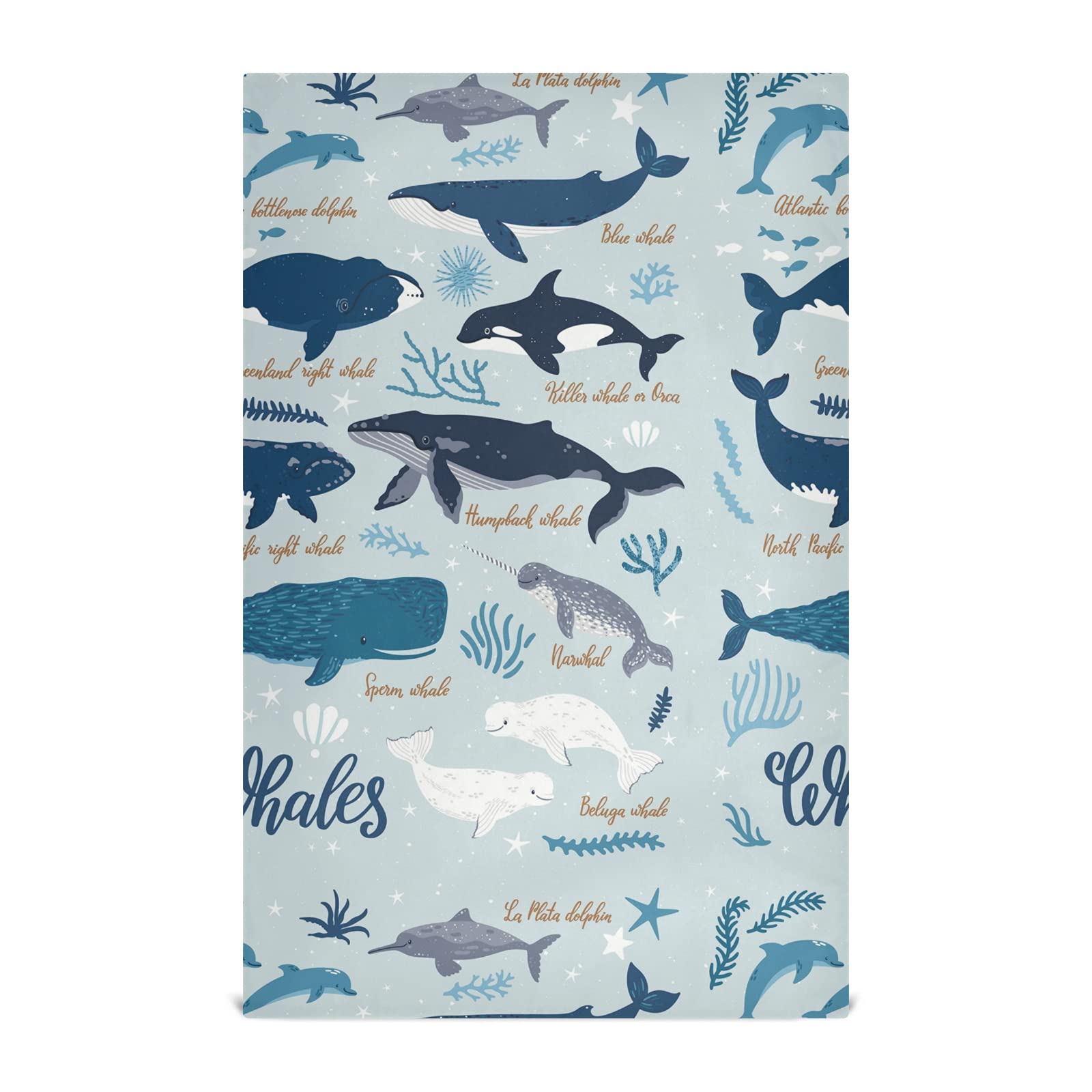 Black Black Grey White Marine Sea Whales, Blue Seaweeds on Light Blue 1 Pack Polyester Kitchen Dish Towel, Hand Bar Tea Towels with Hanging Loop, Hemmed NapkinTowel Dishtowels Waffle Dishcloths