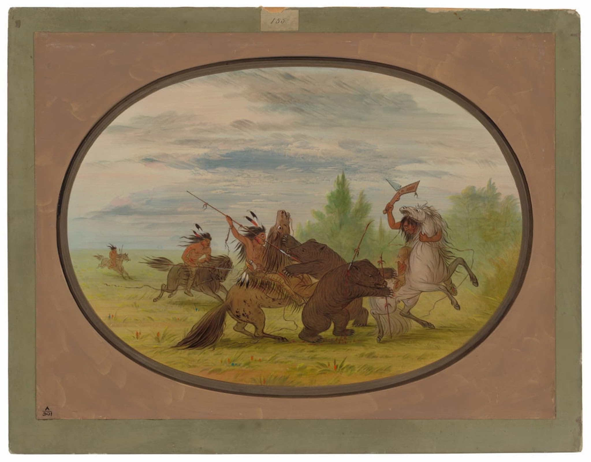 SERENDIPITP Vintage Picture Print on Canvas Wall Art Poster K'nisteneux Indians Attacking Two Grizzly Animals by George Catlin Artwork Print Poster for Wall Decor 60x90cm